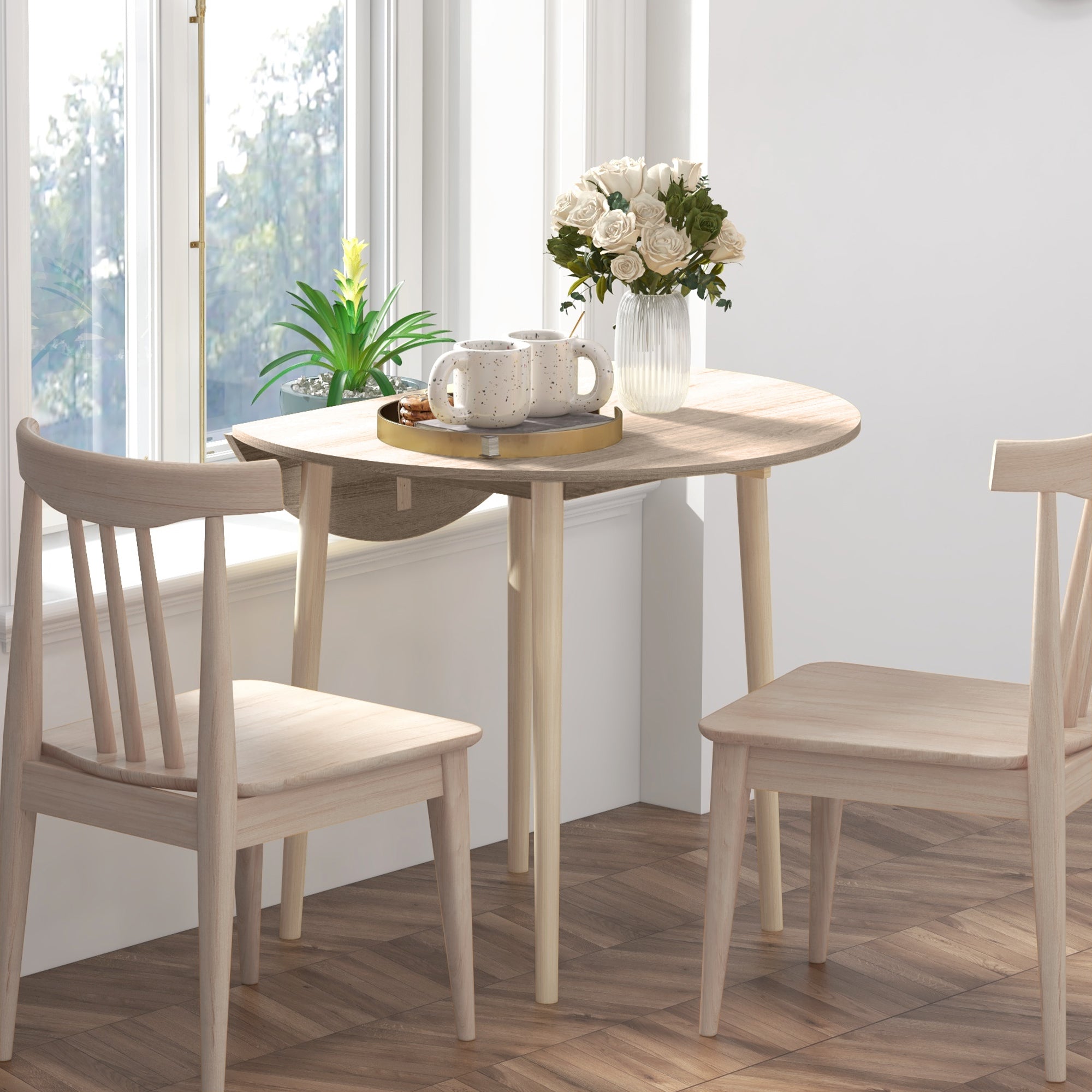 Folding Dining Table, Round Drop Leaf Kitchen Table for Small Spaces with Wood Legs, Oak Dining Tables at Gallery Canada