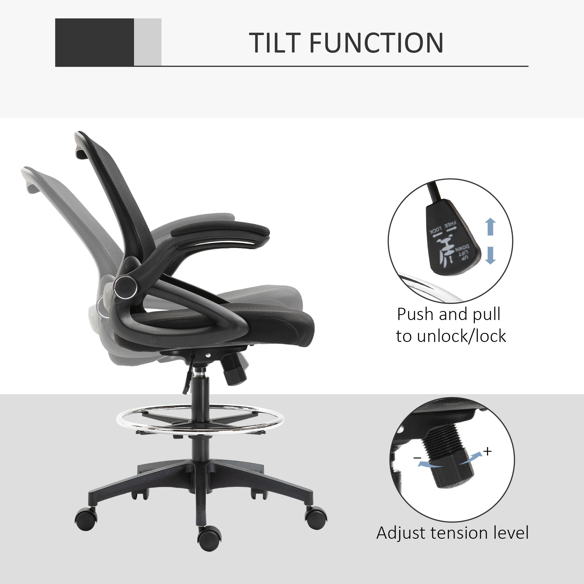 Adjustable Drafting Chair Tall Office Stand-Up Chair with Flip-up Armrest and Foot Ring, 360° Swivel, Black Task Chairs   at Gallery Canada