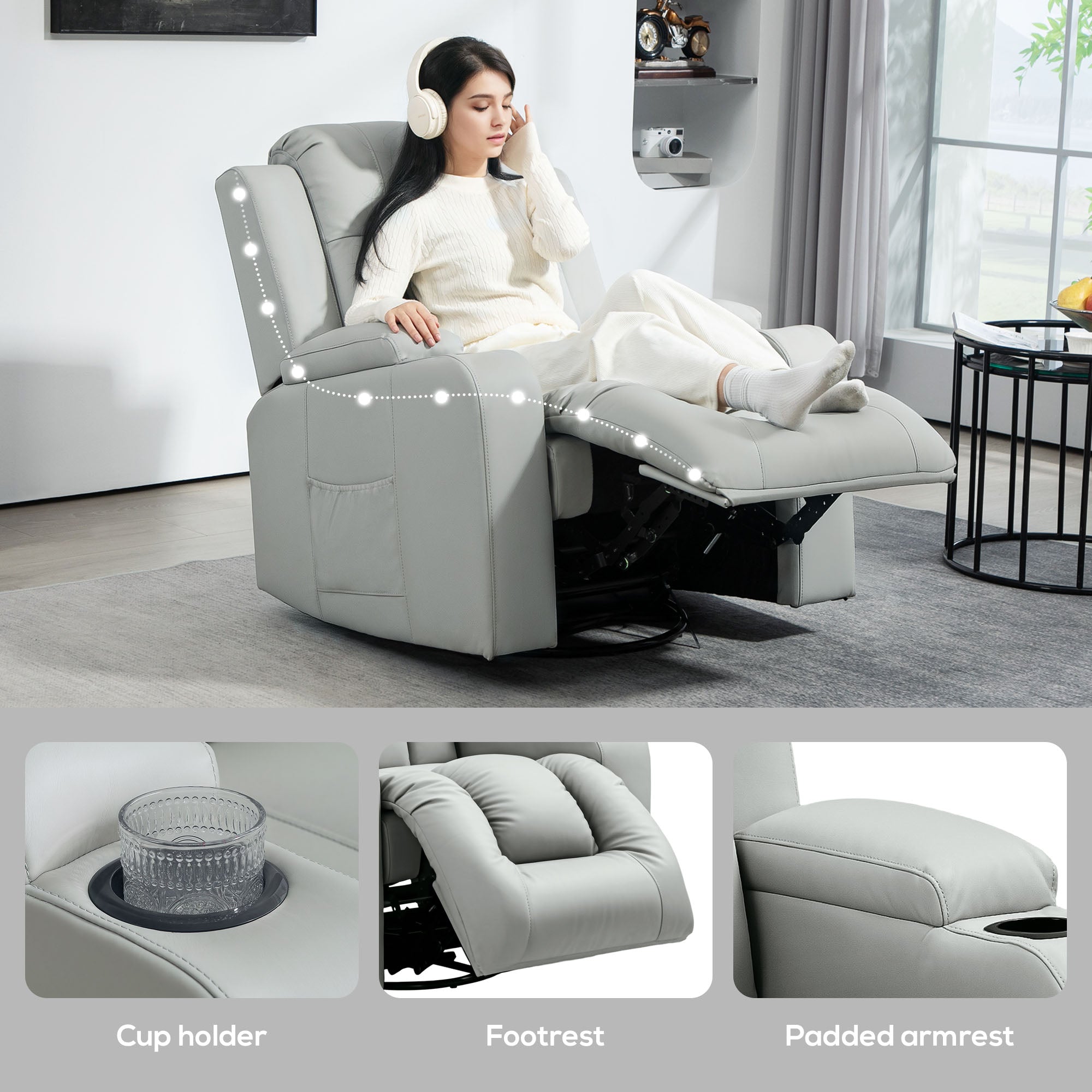 Recliner Chair with 8 Vibration, Overstuffed PU Leather Reclining Chair with Wide Seat, Cup Holders, Rocking, Light Grey Sofas & Reclining Chairs at Gallery Canada