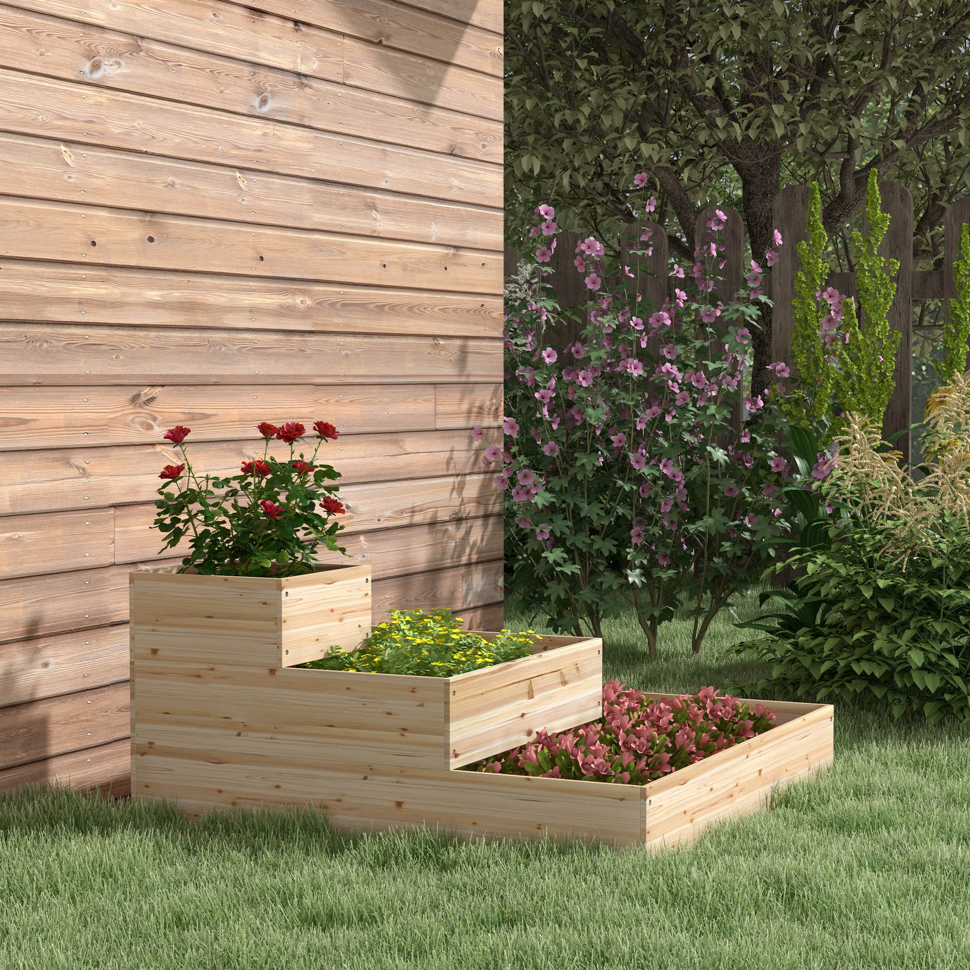 Outdoor Elevated Planter Box, 3-Tier Wooden Raised Garden Bed for Vegetables, Flowers and Herbs, 43.3