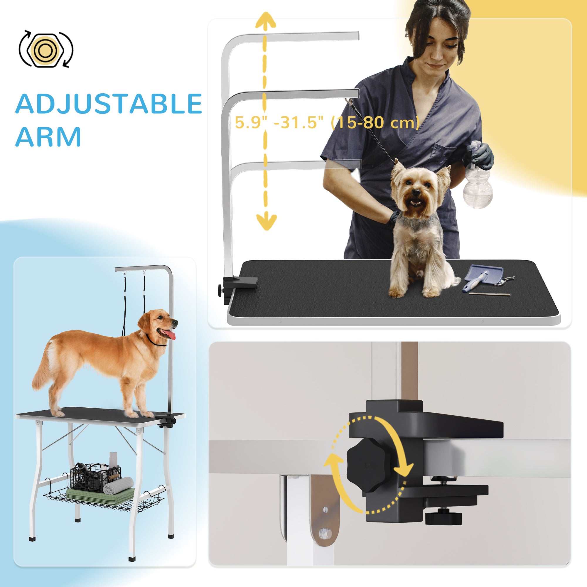 Dog Grooming Table w/ Adjustable Arm, Mesh Tray, Two Nooses, Rubber Surface, 35