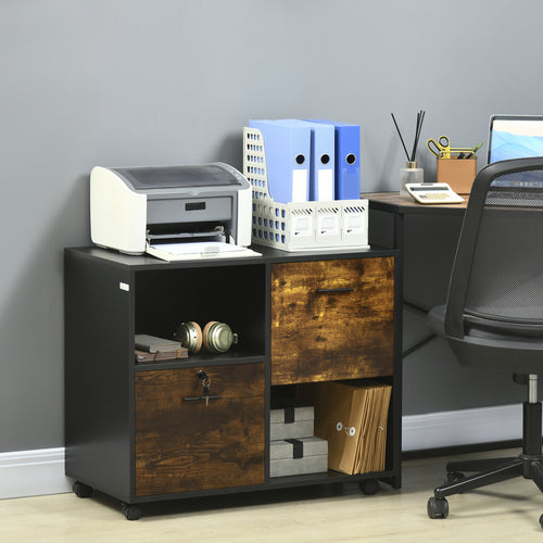Lateral Filing Cabinet with Drawers and Lock, File Cabinet, Mobile Printer Stand with Open Shelves and Wheels for Letter and A4 Size Documents, Rustic Brown