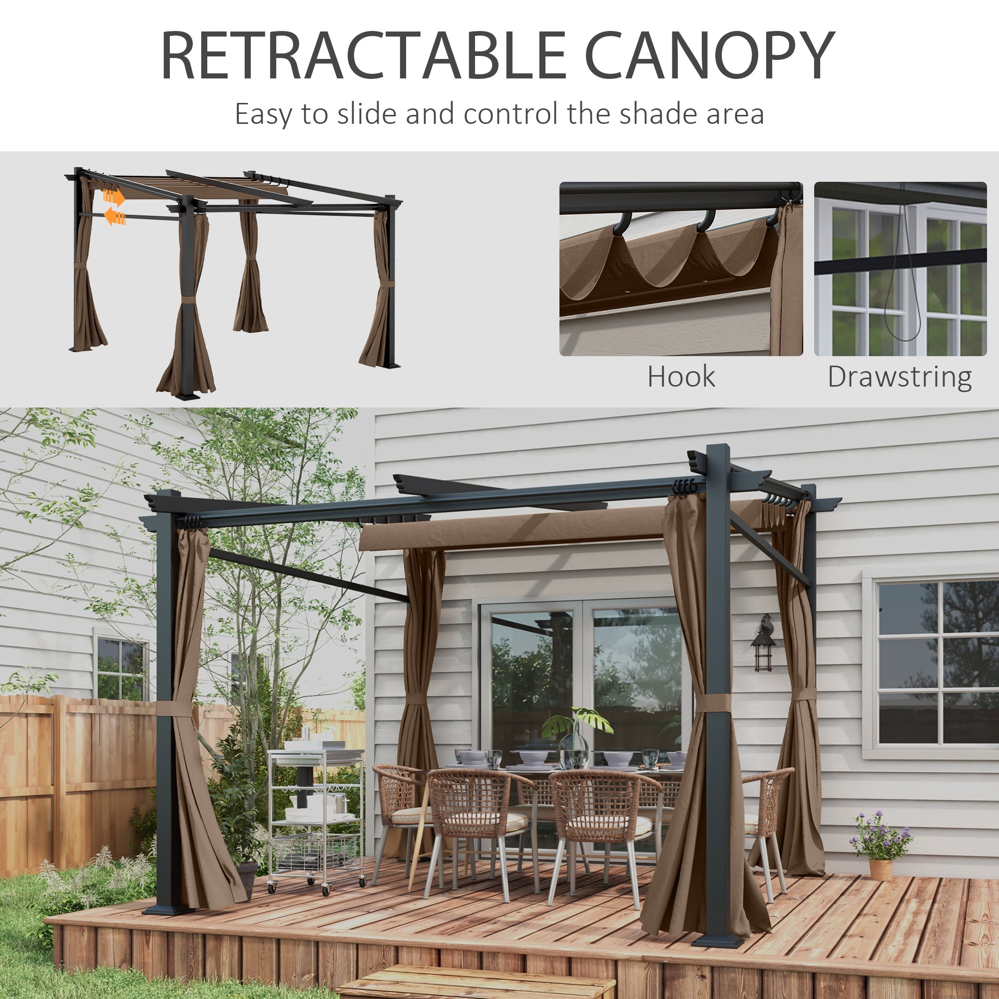 Metal Pergola with Sliding Roof Canopy, Retractable Pergola Canopy, 10' x 10', Coffee Pergolas at Gallery Canada