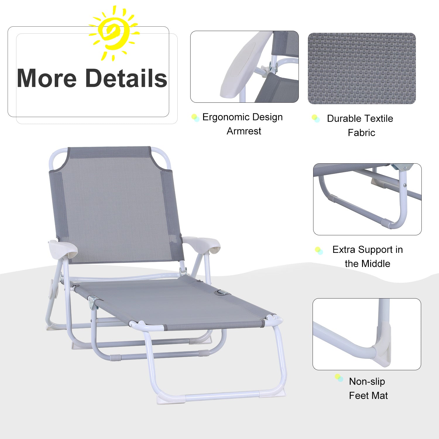 Outdoor Lounge Chair, Patio Garden Folding Chaise Lounge Sun Beach Reclining Tanning Chair with 4-Level Adjustable Backrest, Grey Lounger Chairs   at Gallery Canada