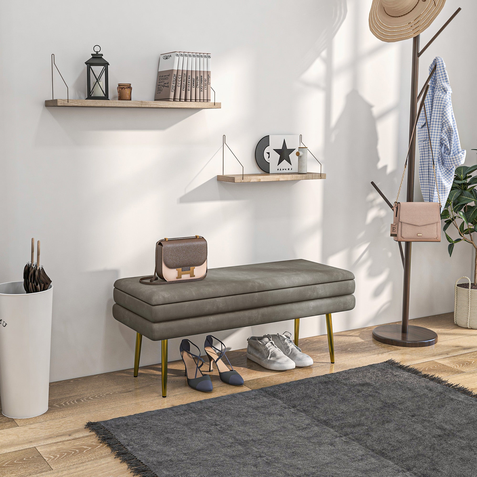 End of Bed Bench, Velvet-feel Upholstered Bench with Thick Padded Seat and Steel Legs, Modern Bedroom Bench, Beige Storage Ottomans & Benches at Gallery Canada