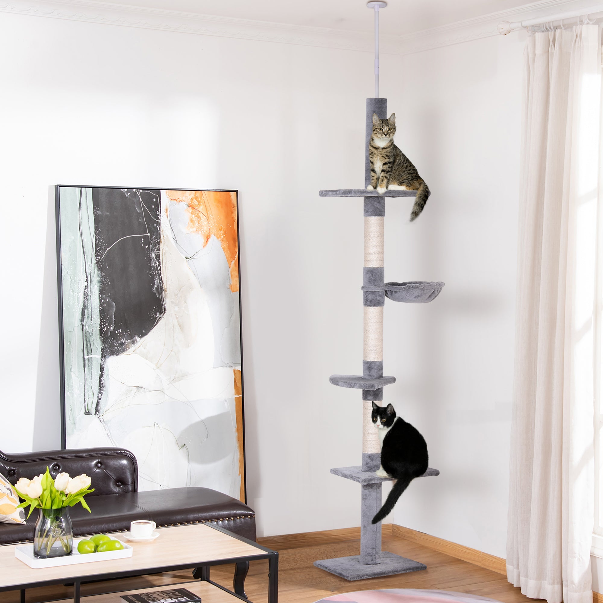 8.5ft Cat Climbing Tree 5-Tier Cat Activity Center Floor-to-Ceiling Cat Climber Toy with Scratching Post Play Rest Post Pet Furniture Grey Floor to Ceiling Cat Trees at Gallery Canada