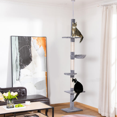 8.5ft Cat Climbing Tree 5-Tier Cat Activity Center Floor-to-Ceiling Cat Climber Toy with Scratching Post Play Rest Post Pet Furniture Grey