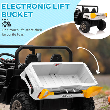 12V Ride on Car with Electric Bucket, Two-Seater, Shovel, Remote Control, Spring Suspension, Horn, Music, White Electric Toy Cars   at Gallery Canada