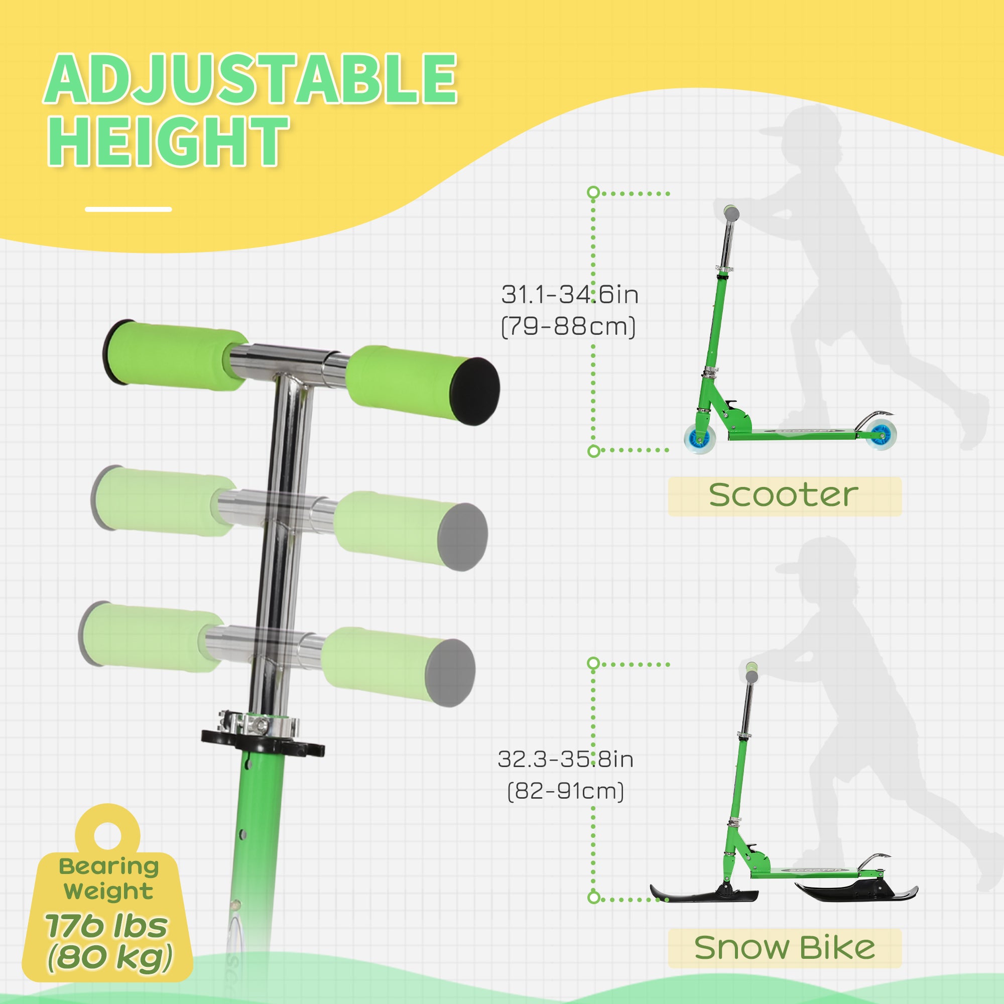 Snow Scooter, 2 in 1 Design Adjustable Height Scooter Snow Sled for Kids Aged Over 7 Years Old, Kids Sled Ski Scooter with Wheels Blades, Green Snow Scooters at Gallery Canada