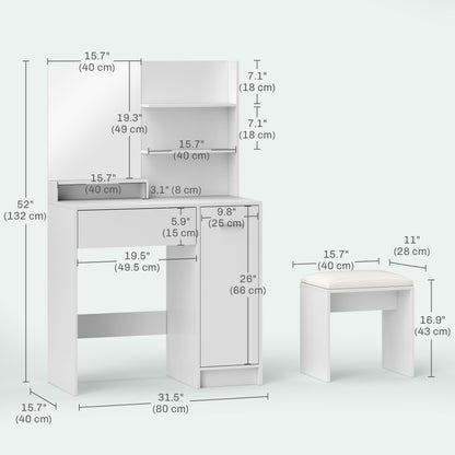 Vanity Set with Mirror and Stool, Makeup Vanity Table with Storage Drawer, Cabinet, Adjustable Shelf for Bedroom, White Dressing & Vanity Tables   at Gallery Canada