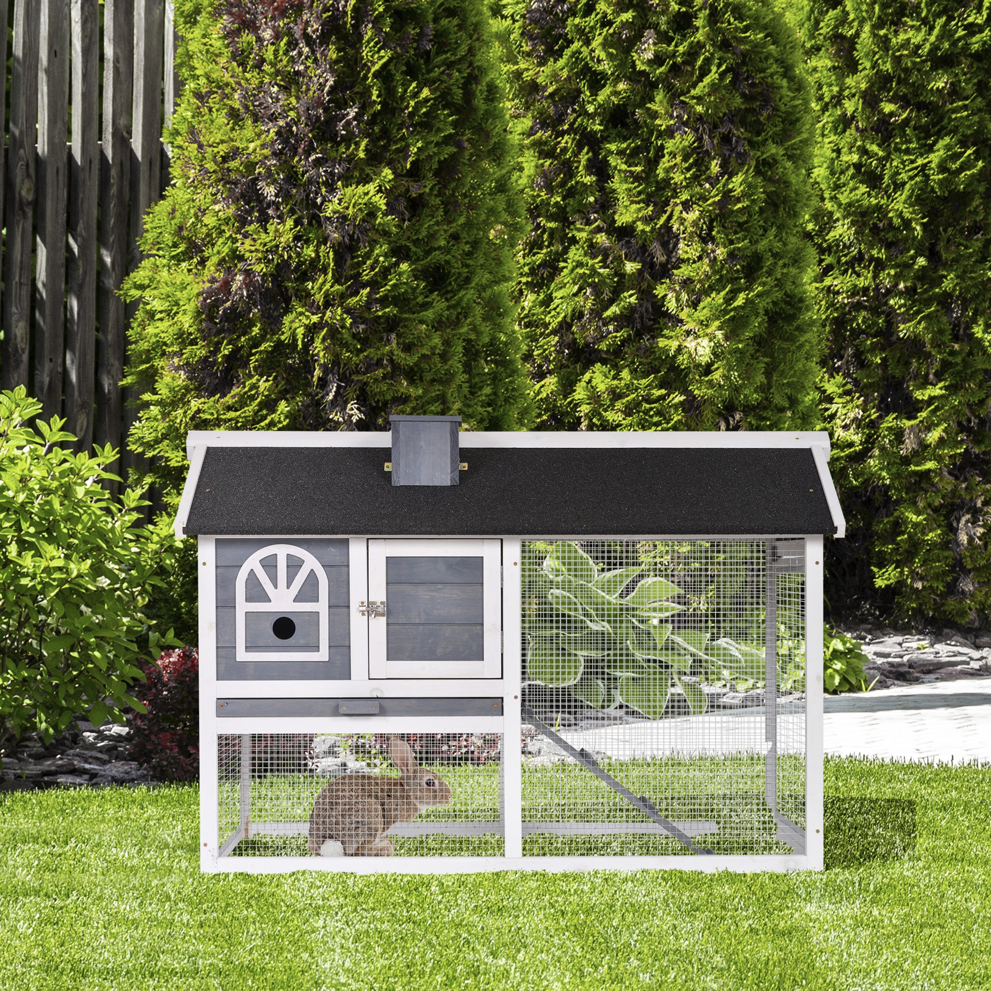 Wooden Rabbit Hutch with Run, Tray, Ramp, Asphalt Roof, Grey Rabbit Hutch at Gallery Canada