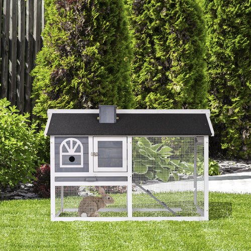 Wooden Rabbit Hutch with Run, Tray, Ramp, Asphalt Roof, Grey