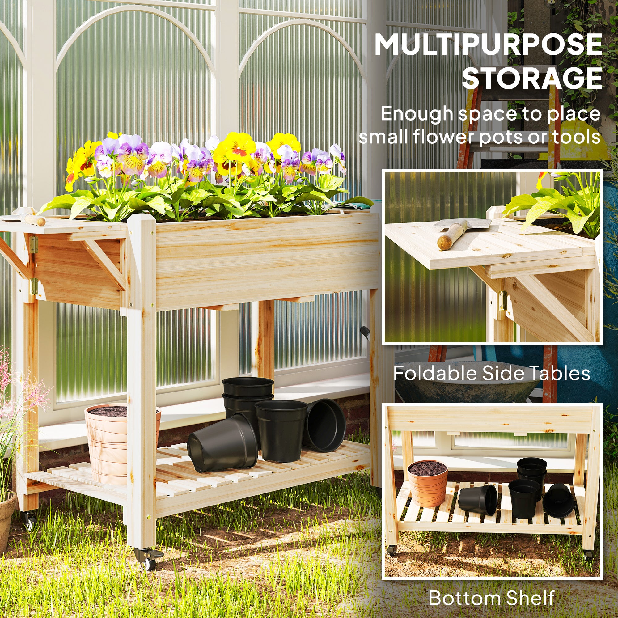Raised Garden Bed, Wood Planter Box with Lockable Wheels, Side Tables, Bottom Shelf, Bed Liner, Drain Holes, Natural Raised Garden Beds at Gallery Canada