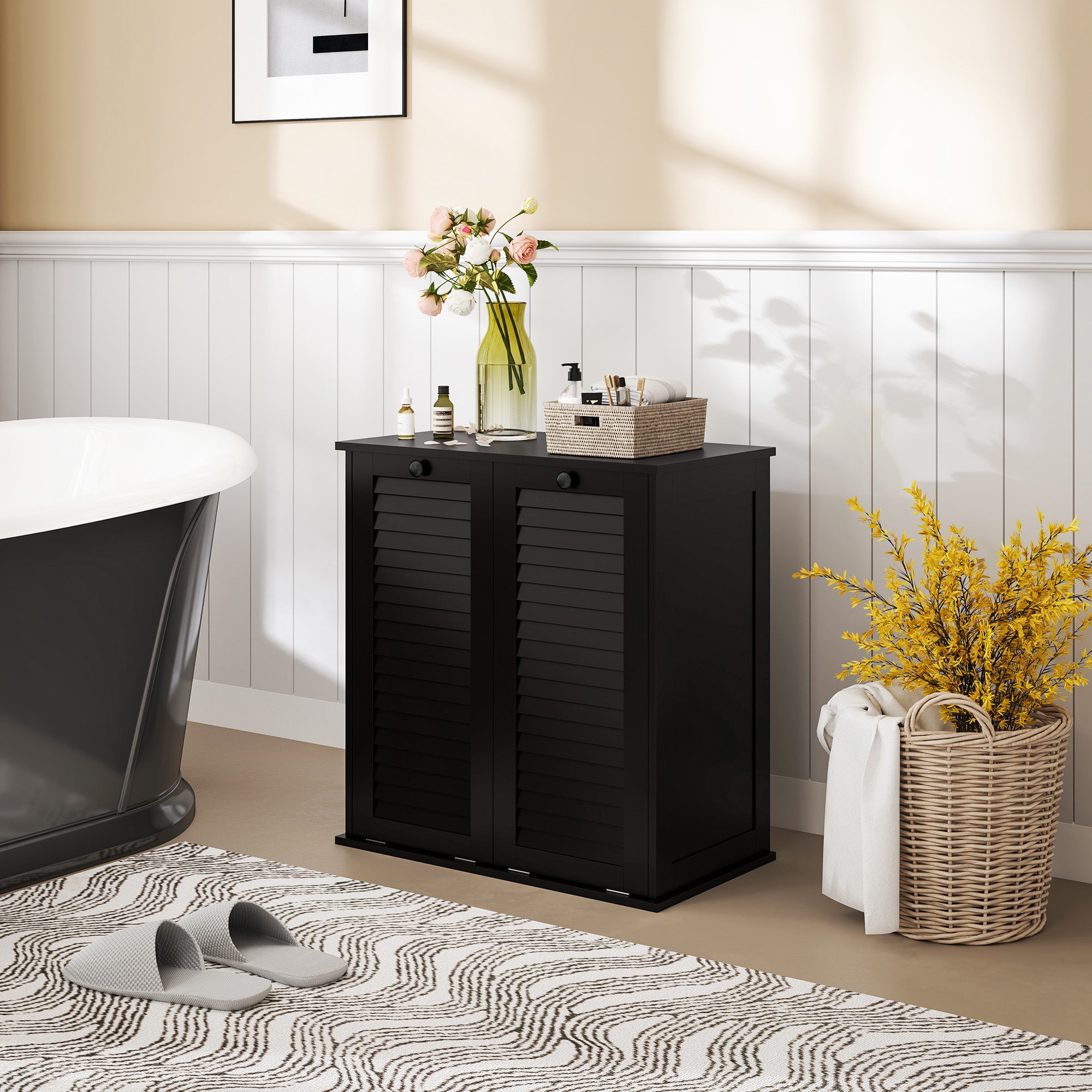 Tilt Out Laundry Cabinet, Laundry Basket Cabinet with 2 Baskets and 2 Louvered Doors, Black Bathroom Cabinets at Gallery Canada