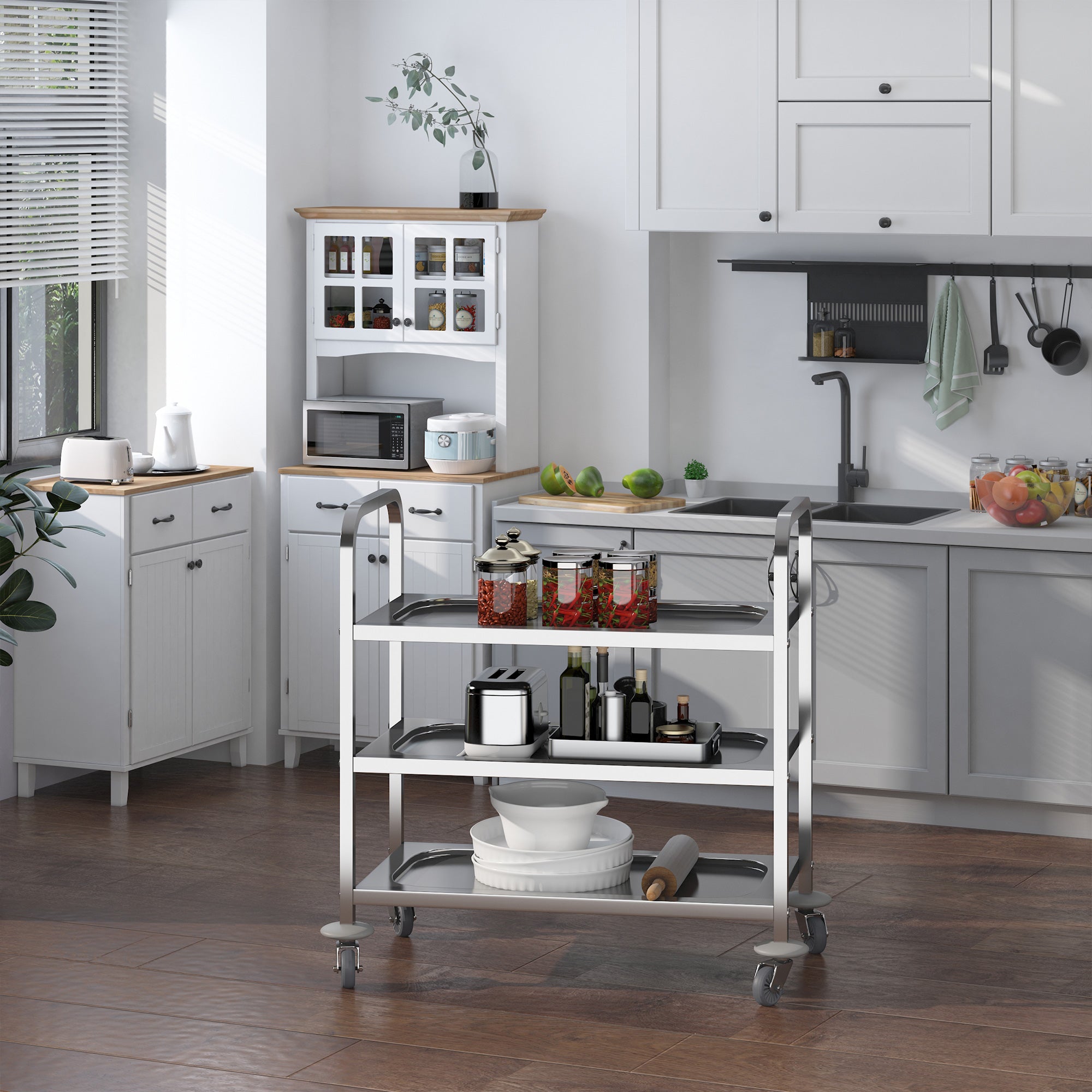 Stainless Steel 3-Tier Kitchen Trolley, 330LBS Capacity, Rolling Utility Cart, Silver Kitchen Islands & Kitchen Carts   at Gallery Canada