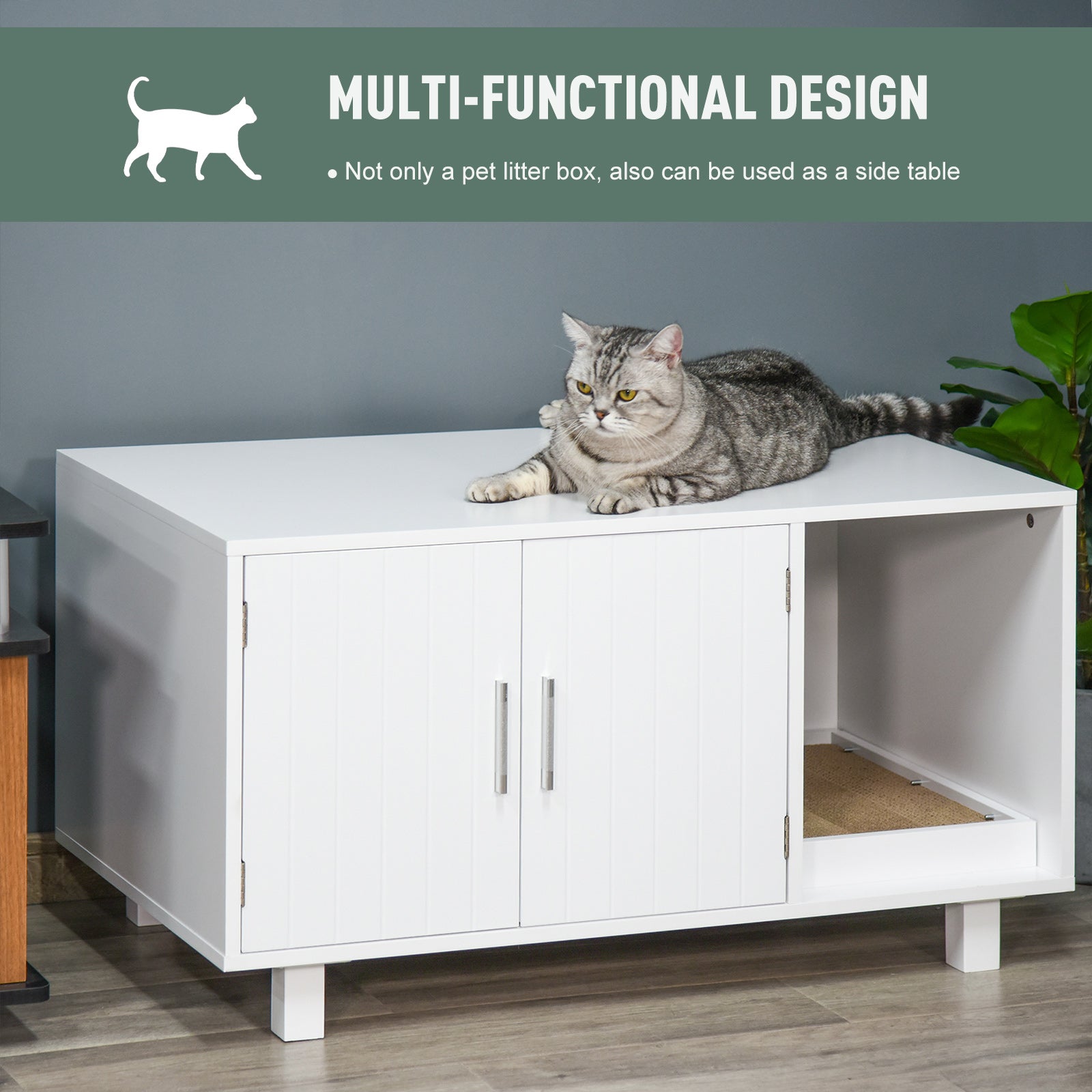 Wooden Cat Washroom Pet Litter Box Enclosure Kitten House Nightstand End Table with Scratcher Magnetic Doors White Cat Litter Box Enclosures   at Gallery Canada