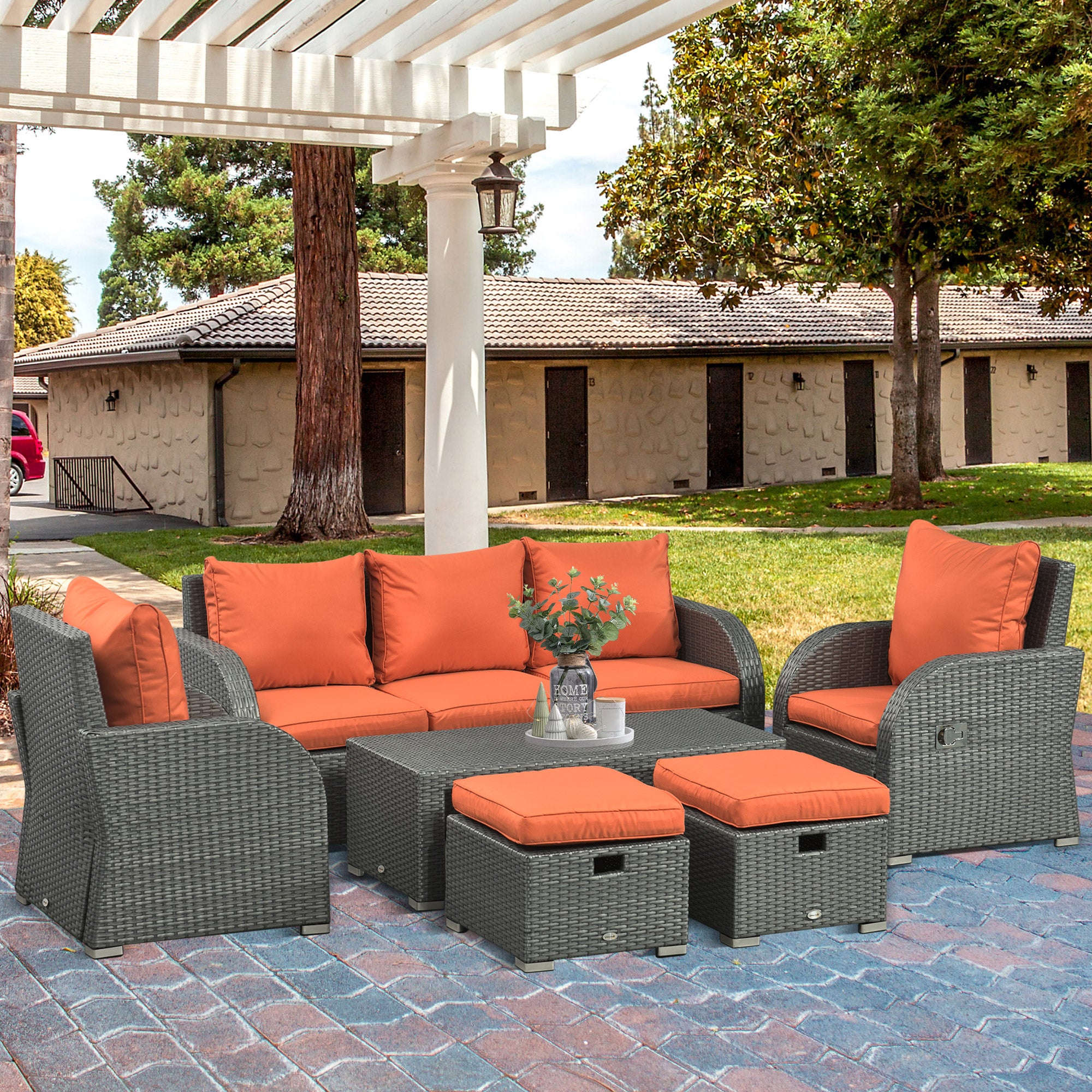 Patio Furniture with Cushions, 6 Pieces PE Wicker Patio Sectional Furniture Conversation Set w/ a Three-Seat Sofa, 2 Recliner Chairs, 2 Footstools &; Table, Orange Patio Furniture Sets at Gallery Canada