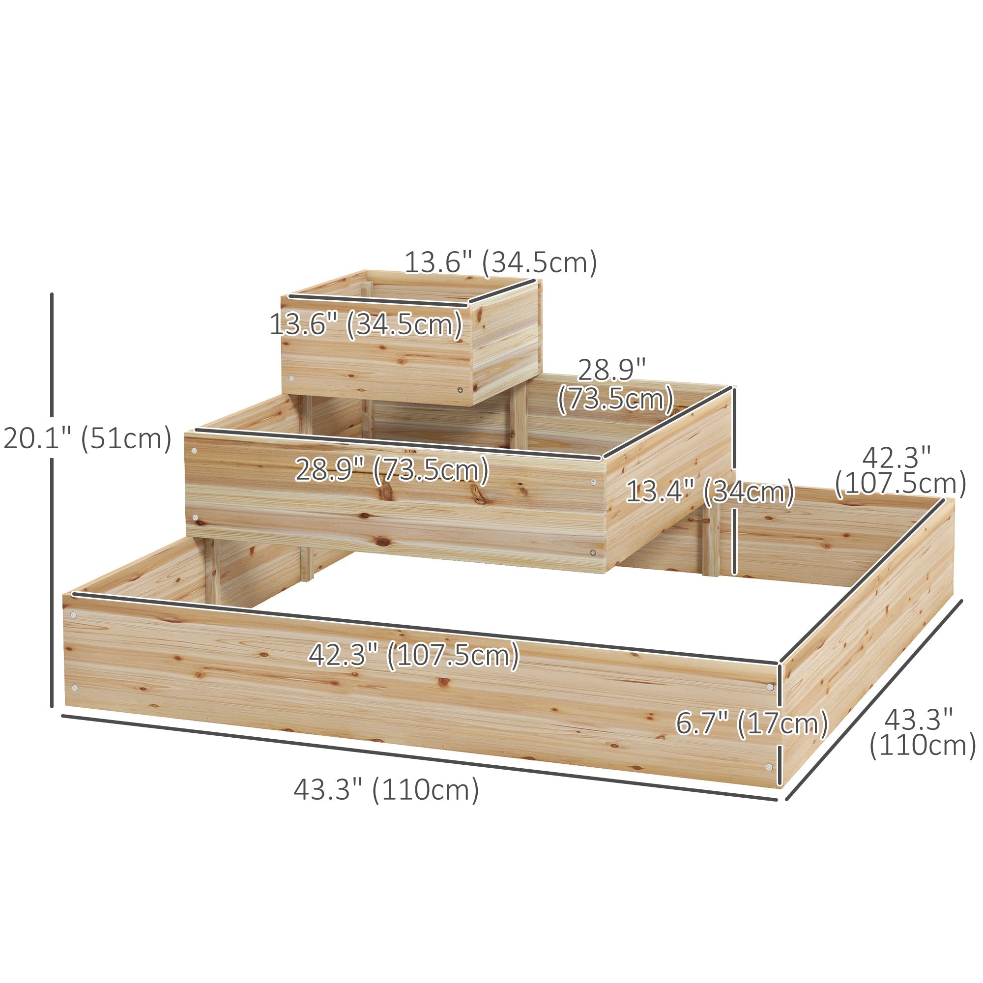 Outdoor Elevated Planter Box, 3-Tier Wooden Raised Garden Bed for Vegetables, Flowers and Herbs, 43.3