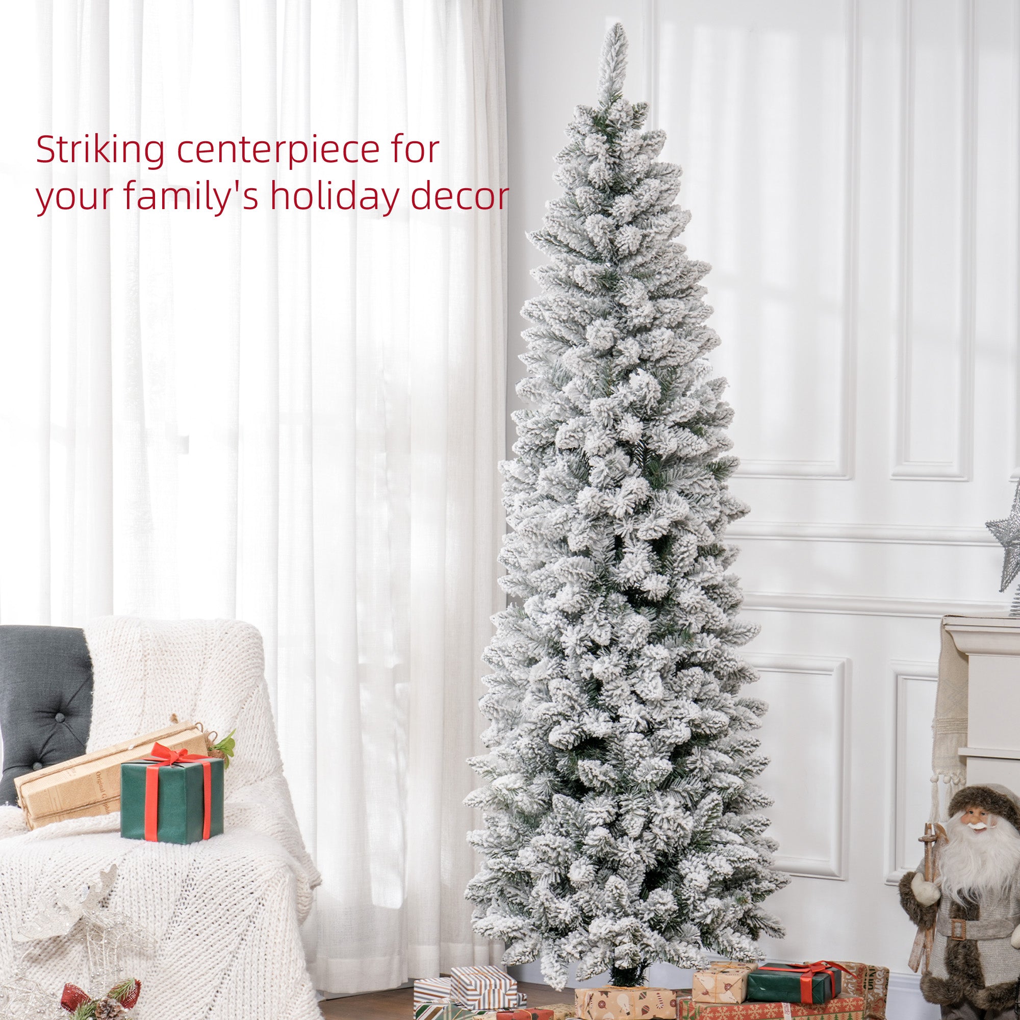 7ft Pencil Christmas Tree, Flocked Tree with 687 Branch Tips and Metal Base for Home, Indoor, Holiday Pencil Christmas Trees   at Gallery Canada