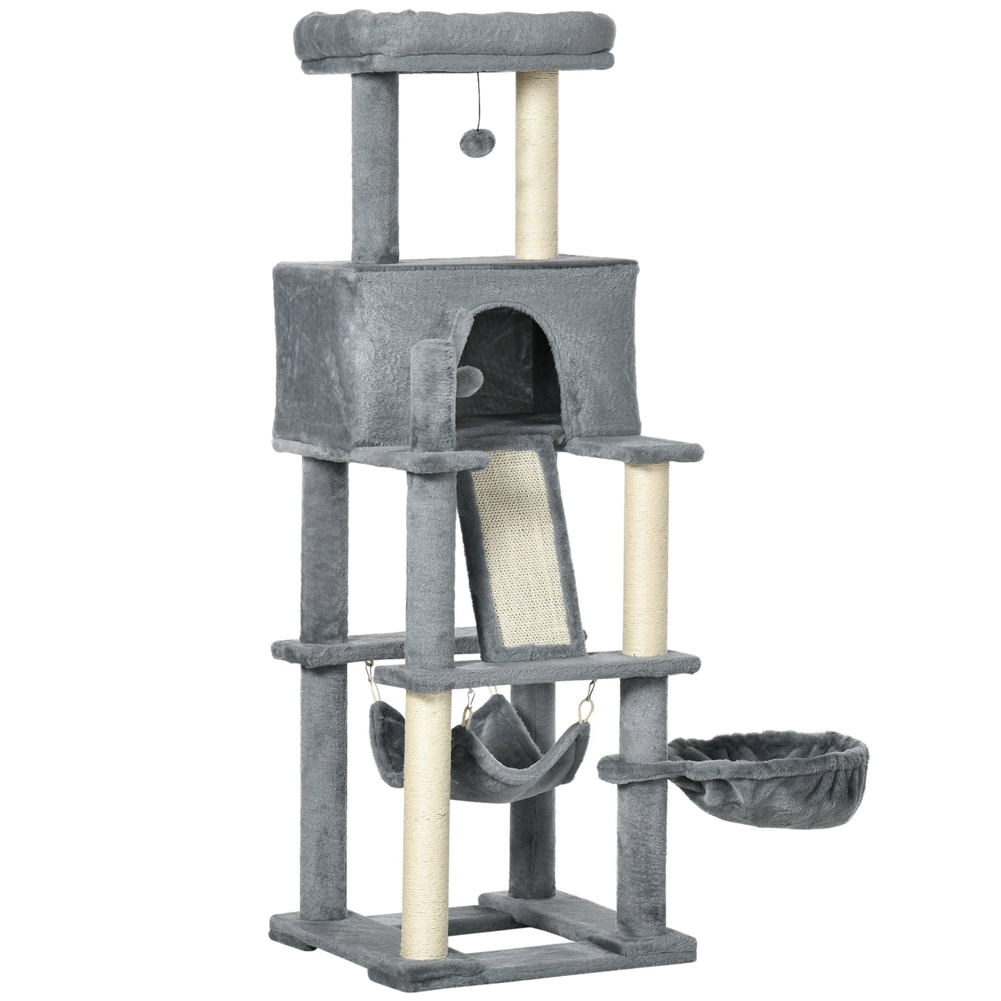 55" Cat Tree for Indoor Cats, Cat Tower, Kitty Activity Center with Cat Bed Ramp Condo Hammocks Hanging Ball Toys Sisal Rope Scratching Post, Grey Cat Towers Multi Colour  at Gallery Canada