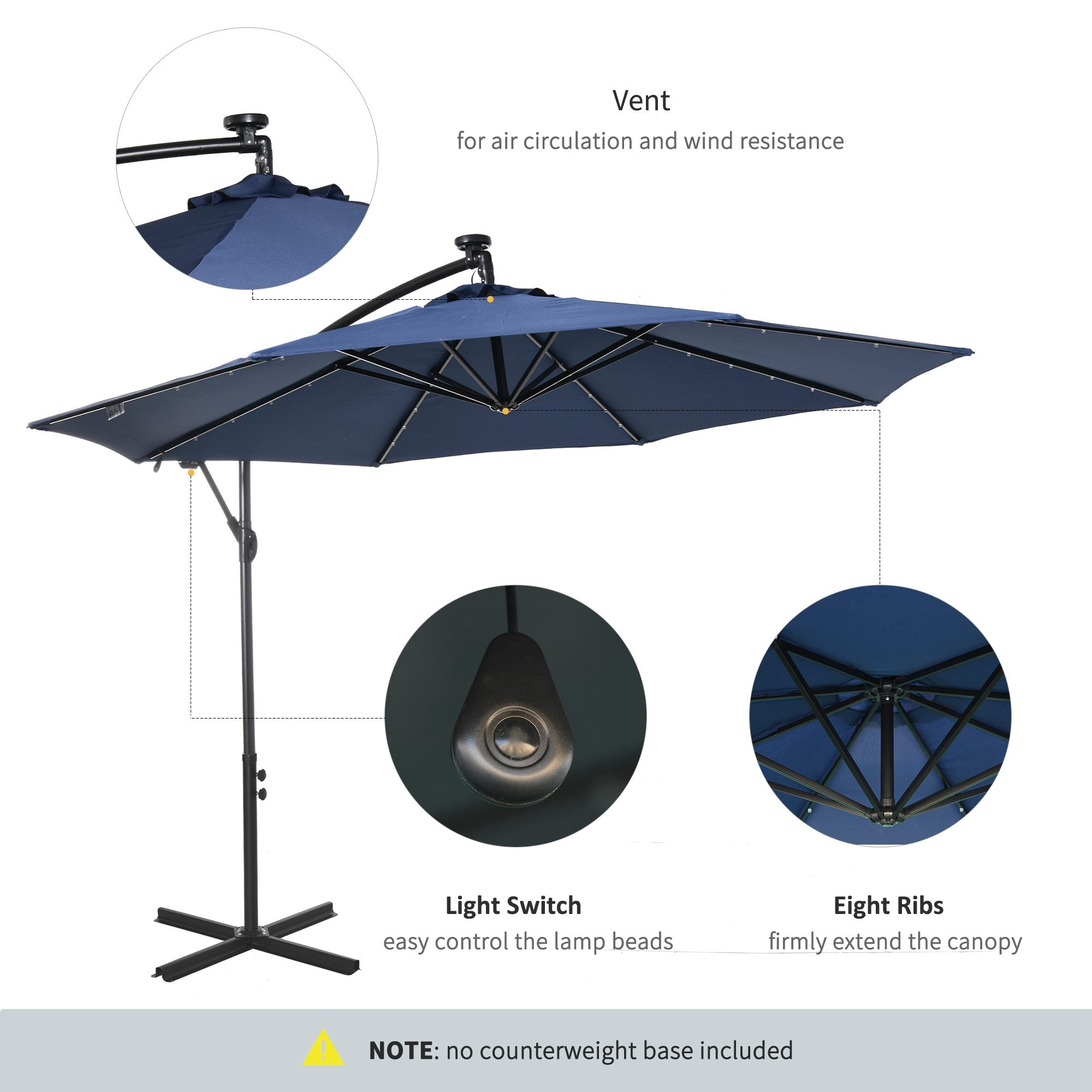 10ft Outdoor Cantilever Umbrella with Solar Lights Banana Umbrella with Adjustable Angle for Patio Backyard Navy Blue Cantilever Umbrellas at Gallery Canada
