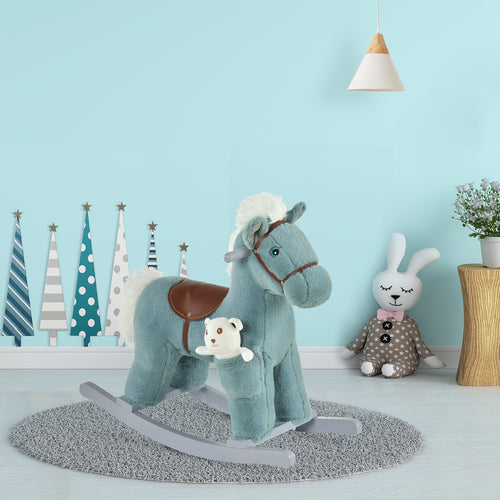 Kids Plush Ride-On Rocking Horse with Bear Toy, Children Chair with Soft Plush Toy &; Fun Realistic Sounds, Blue