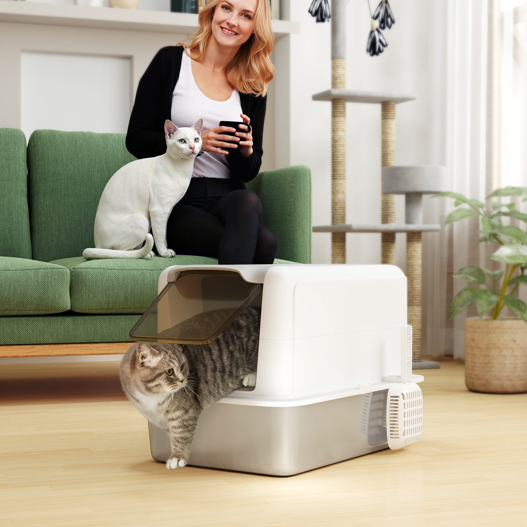 Stainless Steel Cat Litter Box w/ Removable Lid &; Scoop, for Small to Large Cats, Easy to Clean, White Cat Litter Box Enclosures at Gallery Canada
