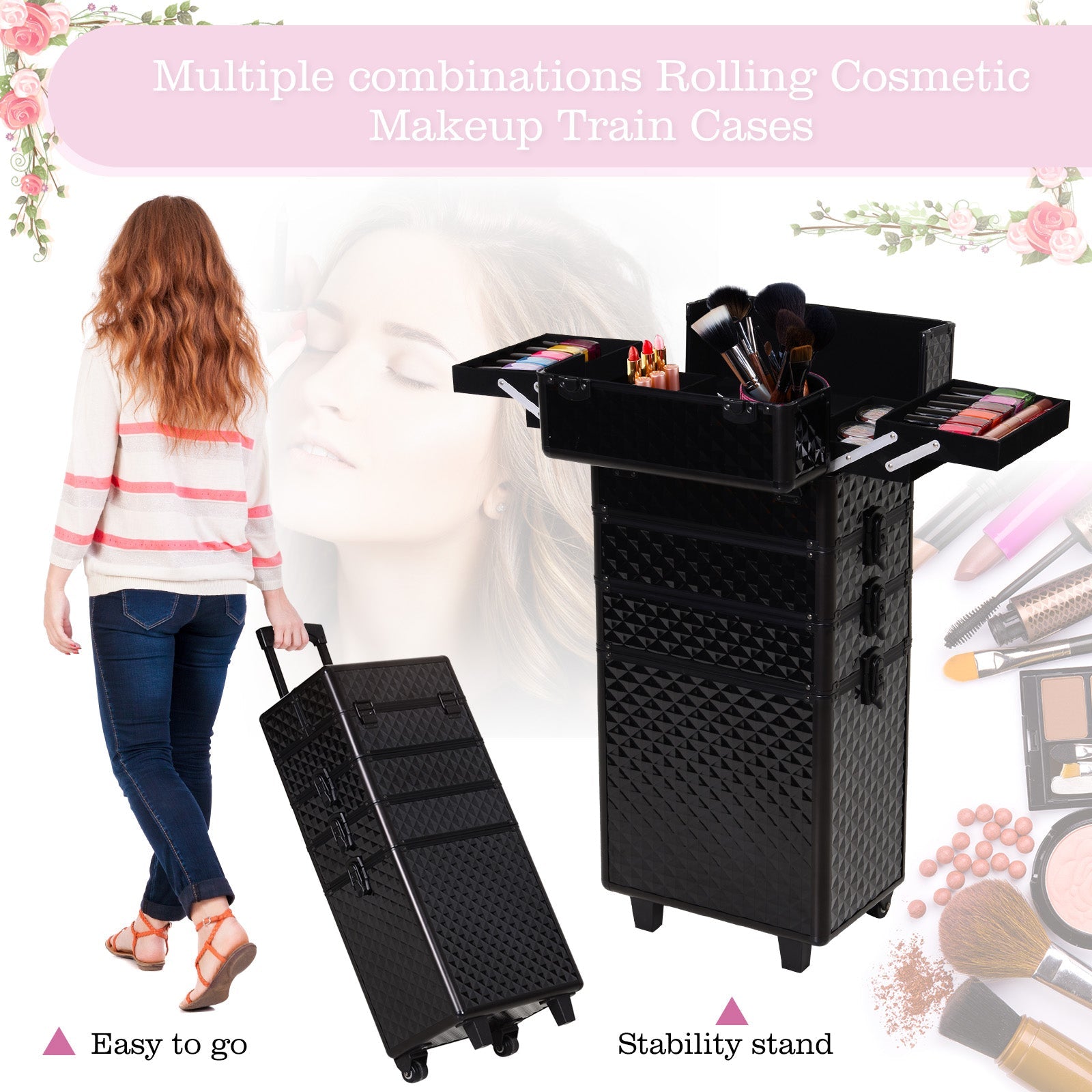 4 in 1 Portable Aluminum Makeup Train Cases, Rolling Makeup Case with 2 Wheels, Multiple Compartments and Lift Handle Makeup Cases   at Gallery Canada