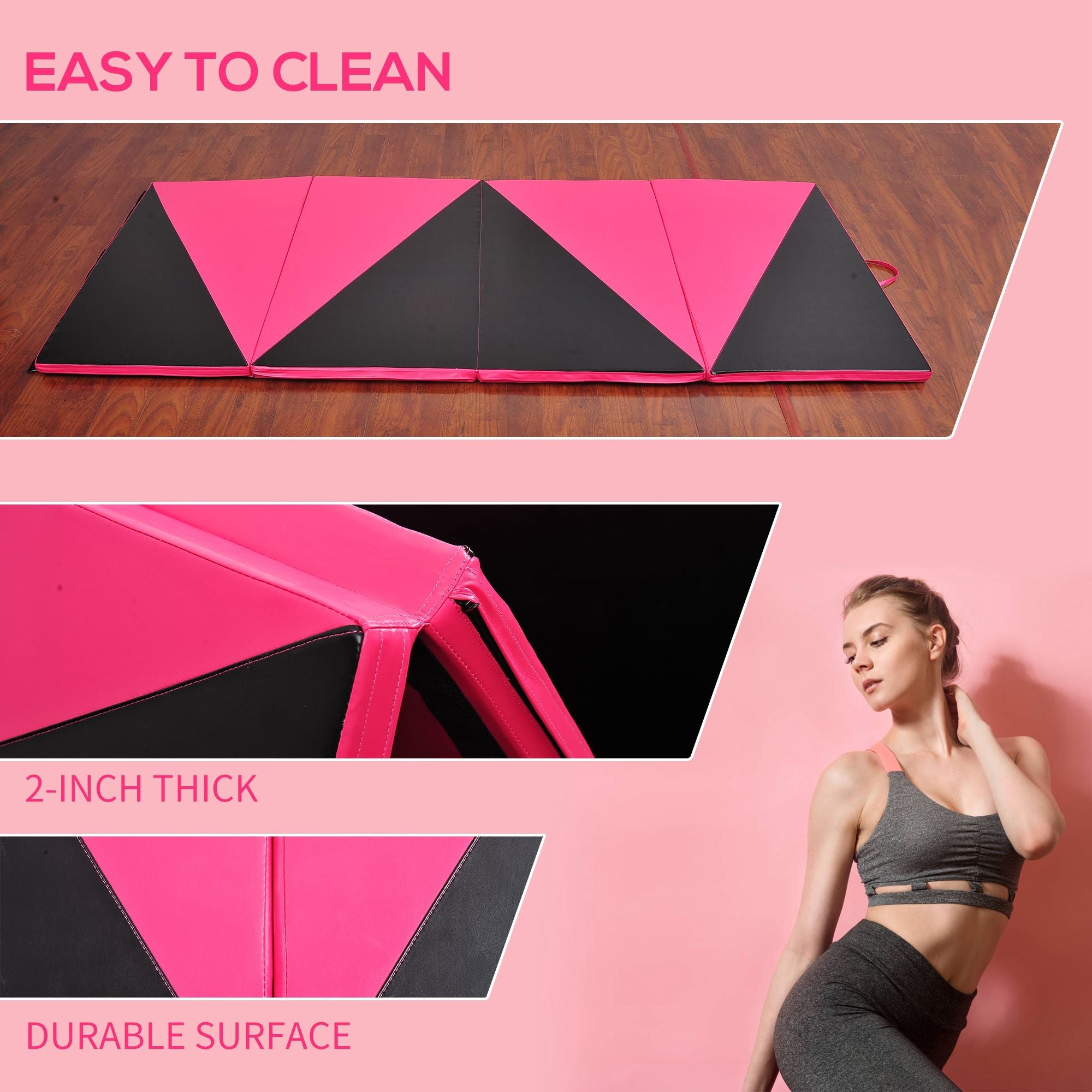 4'x10'x2'' Folding Gymnastics Tumbling Mat, Exercise Mat with Carrying Handles for Yoga, MMA, Martial Arts, Stretching, Core Workouts, Pink and Black Gymnastics Mats   at Gallery Canada