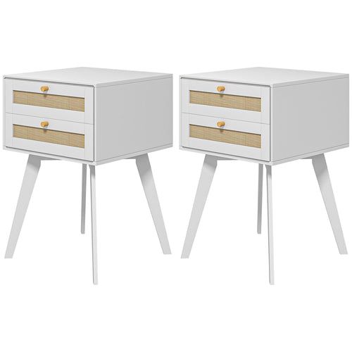 Soho Night Stands Set of 2, Bedside Tables with 2 Rattan Drawers, Square End Tables for Bedroom, Living Room