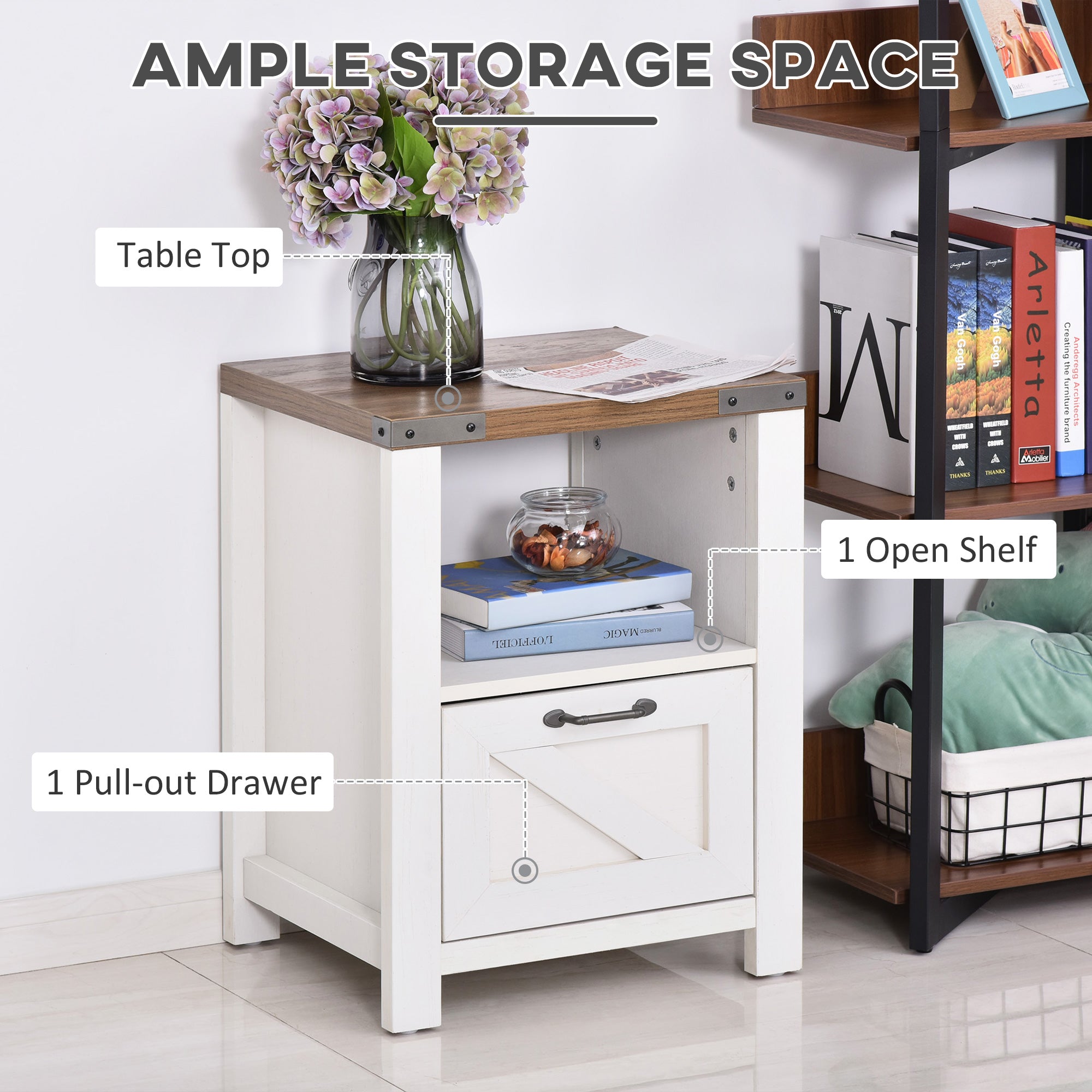 Side Table with Storage, Farmhouse End Table with Drawer, Open Shelf and Barn-style Panel, Accent Table for Living Room, Bedroom, White Side Tables   at Gallery Canada