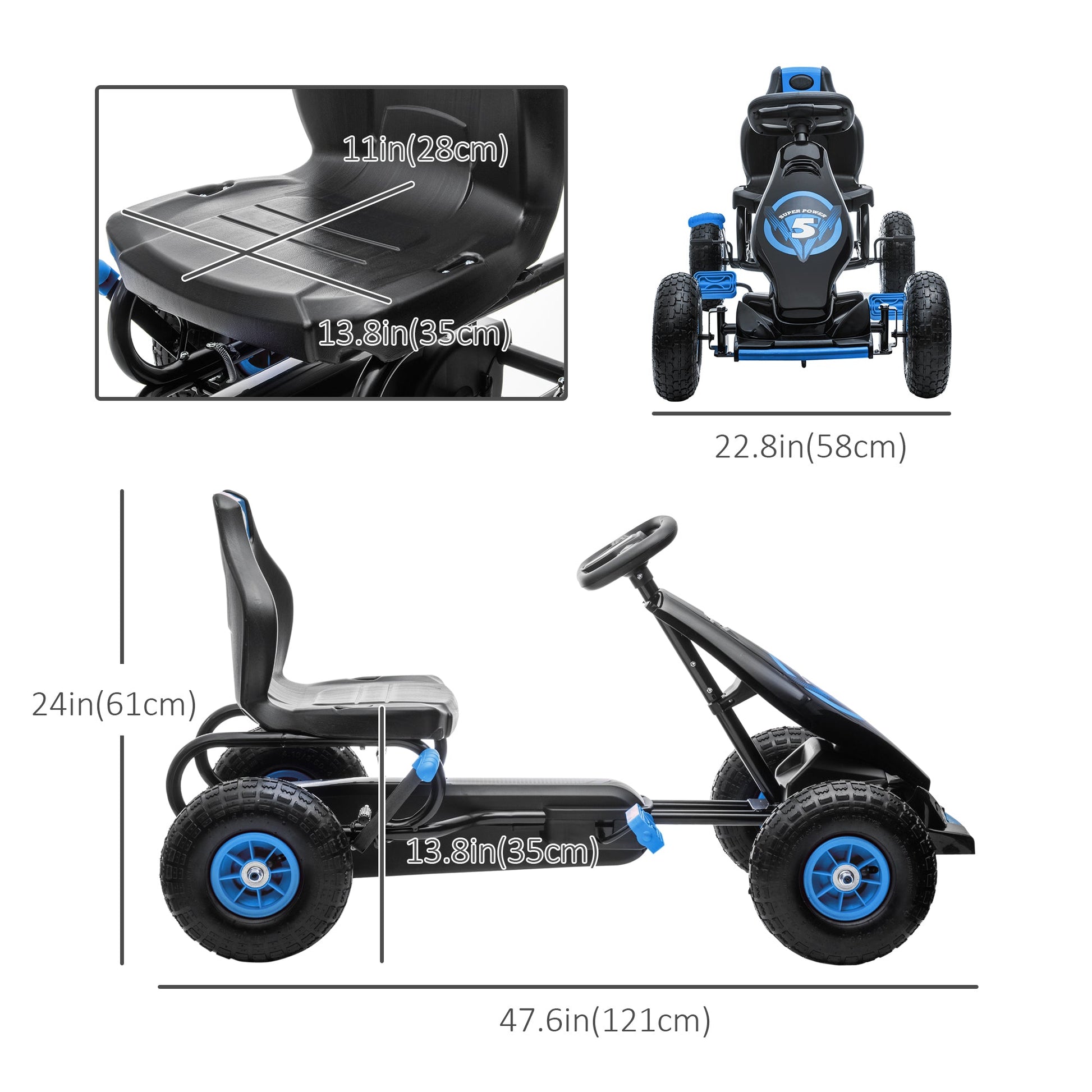 Ergonomic Kids Pedal Go Kart with Adjustable Seat, Rubber Wheels, Hand Brake, Ages 5-12, Blue Pedal Go Karts for Kids   at Gallery Canada