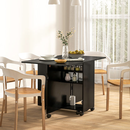 Extendable Dining Table, Drop Leaf Table with 2 Drawers, Cabinet and 6 Wheels for Small Spaces, Kitchen, Black Wood Grain Dining Tables at Gallery Canada