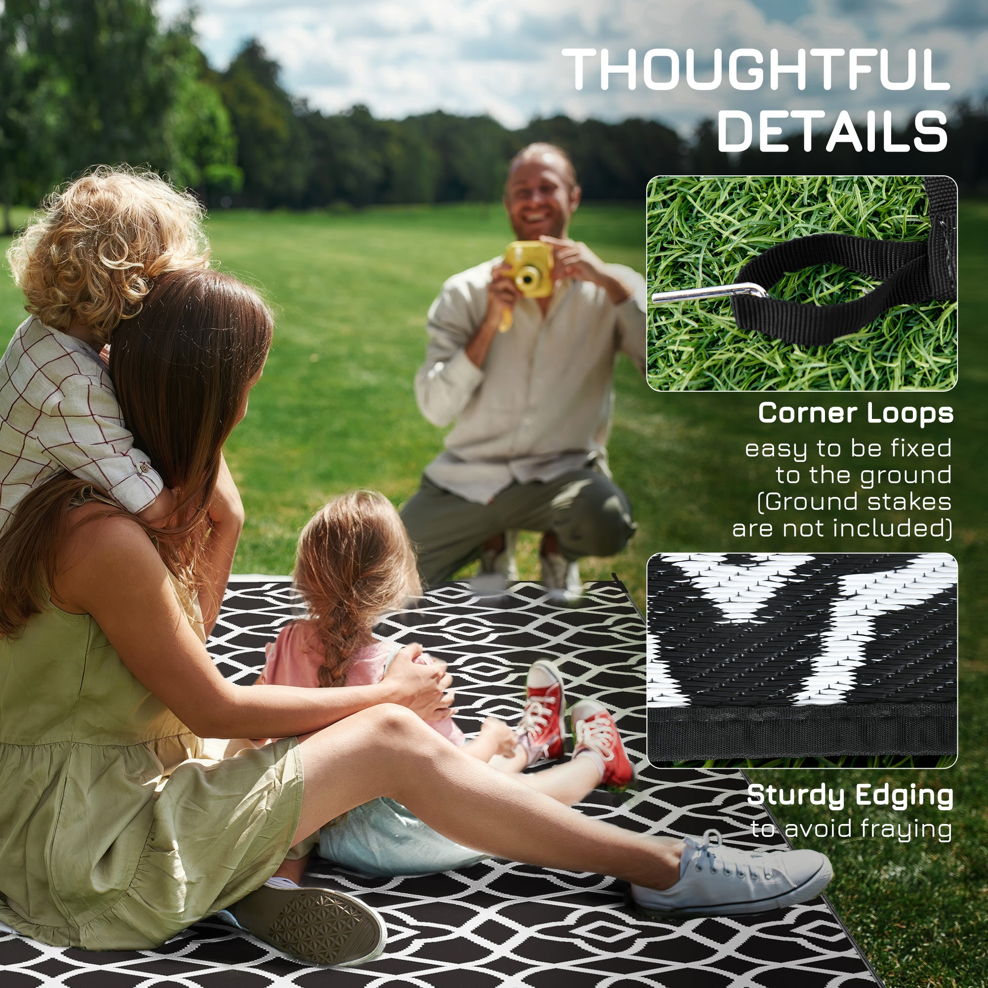 Reversible Outdoor Rug, Waterproof Plastic Straw RV Rug with Carry Bag, 9' x 18', Black and White Clover Outdoor Reversible Rugs at Gallery Canada