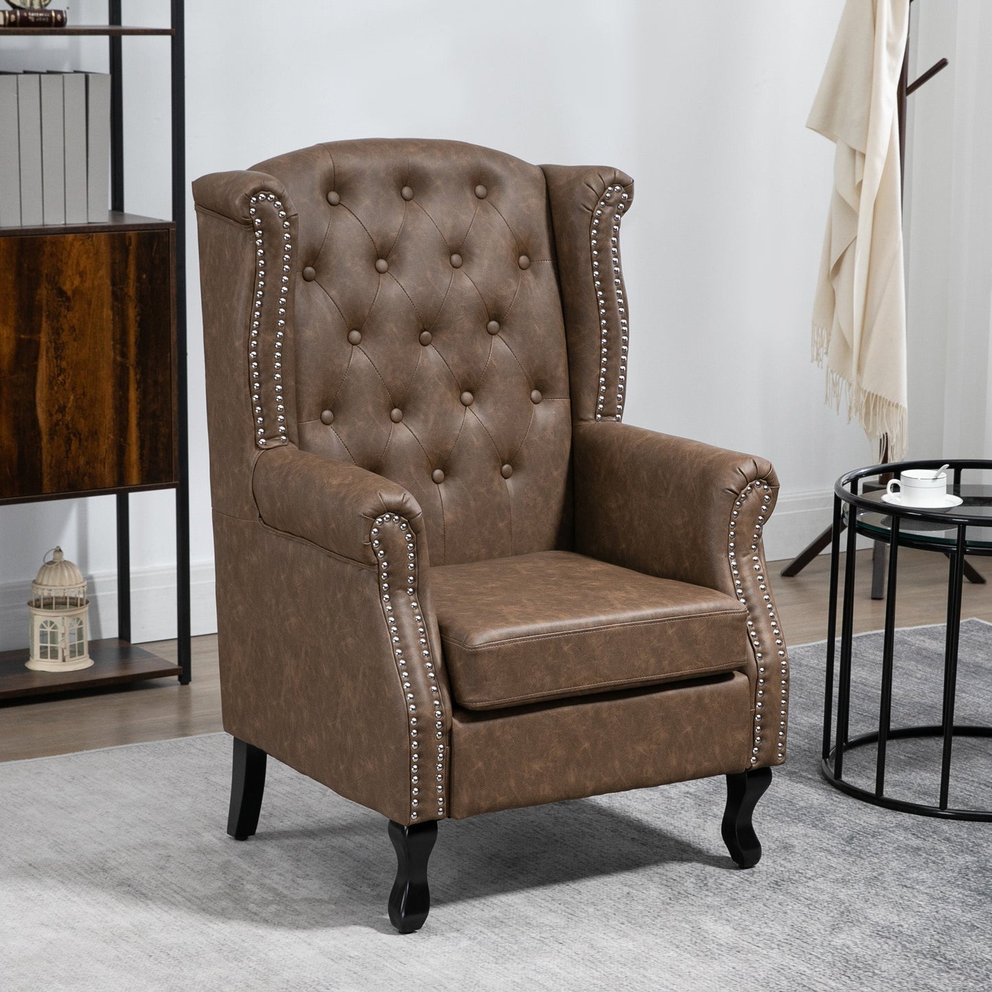 Tufted Lounge Chair, Upholstered Chesterfield-style Armchair with Solid Wood Legs and Nail Head Trim, Brown Single Sofas   at Gallery Canada