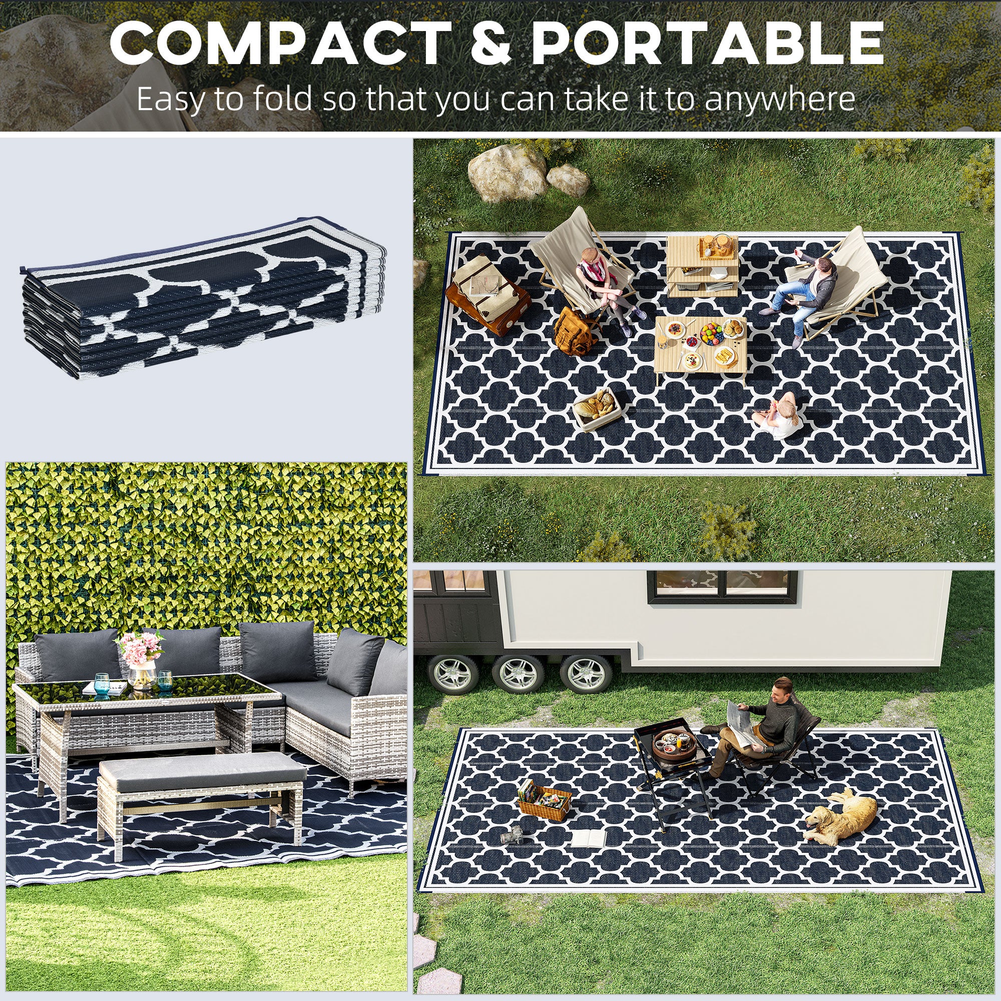 Reversible Outdoor RV Rug, 9' x 18' Patio Floor Mat, Plastic Straw Rug for Backyard, Deck, Picnic, Beach, Camping, Dark Blue and White Outdoor Reversible Rugs at Gallery Canada