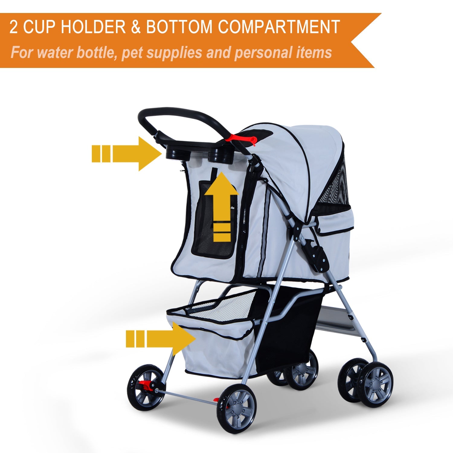 4 Wheel Dog Pet Stroller Dog Cat Carrier Folding Sunshade Canopy with Brake, Grey Dog Bike Trailers & Strollers   at Gallery Canada