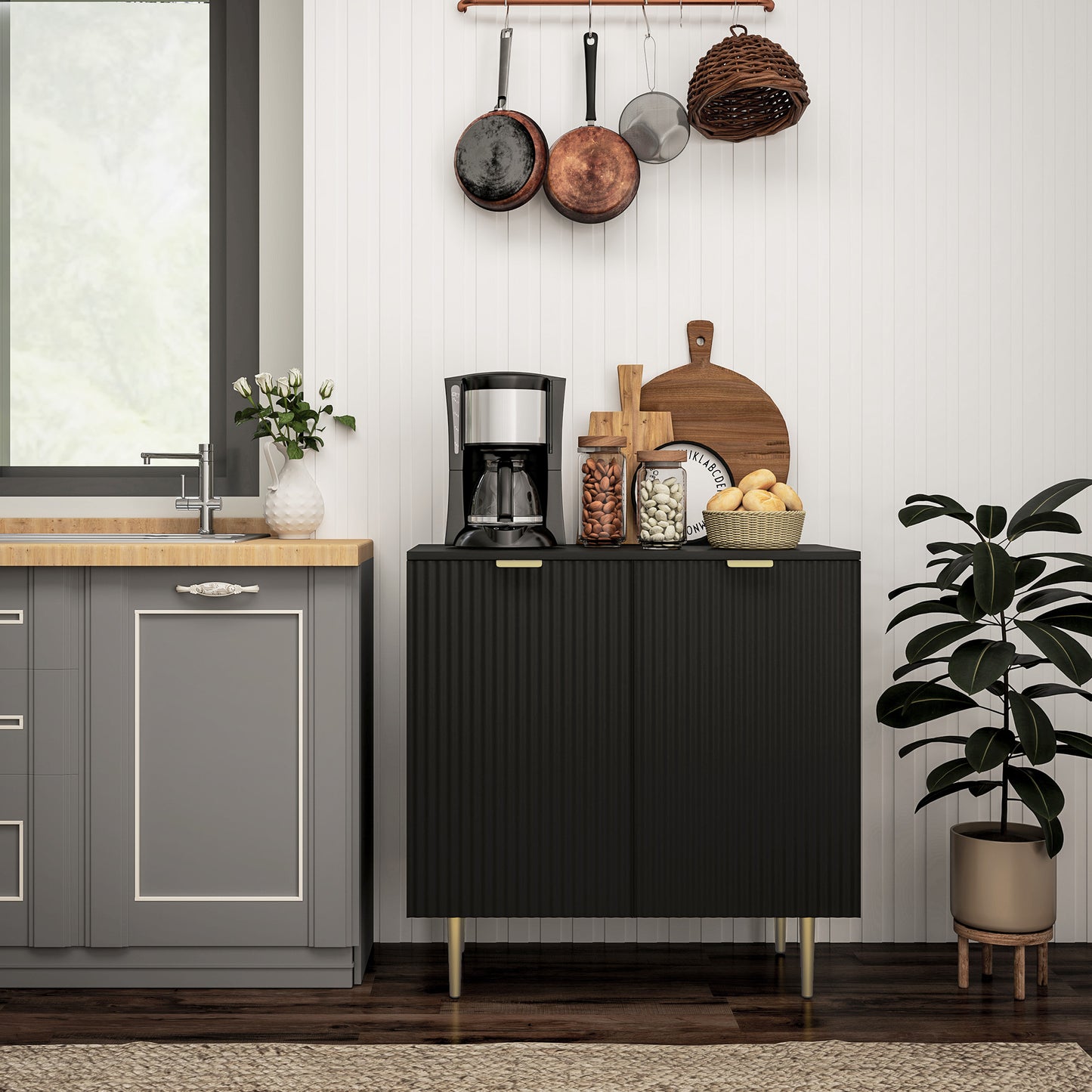 Modern Kitchen Storage Cabinet, Sideboard Buffet Cabinet with Adjustable Shelves and Metal Legs for Kitchen, Black Bar Cabinets Black  at Gallery Canada