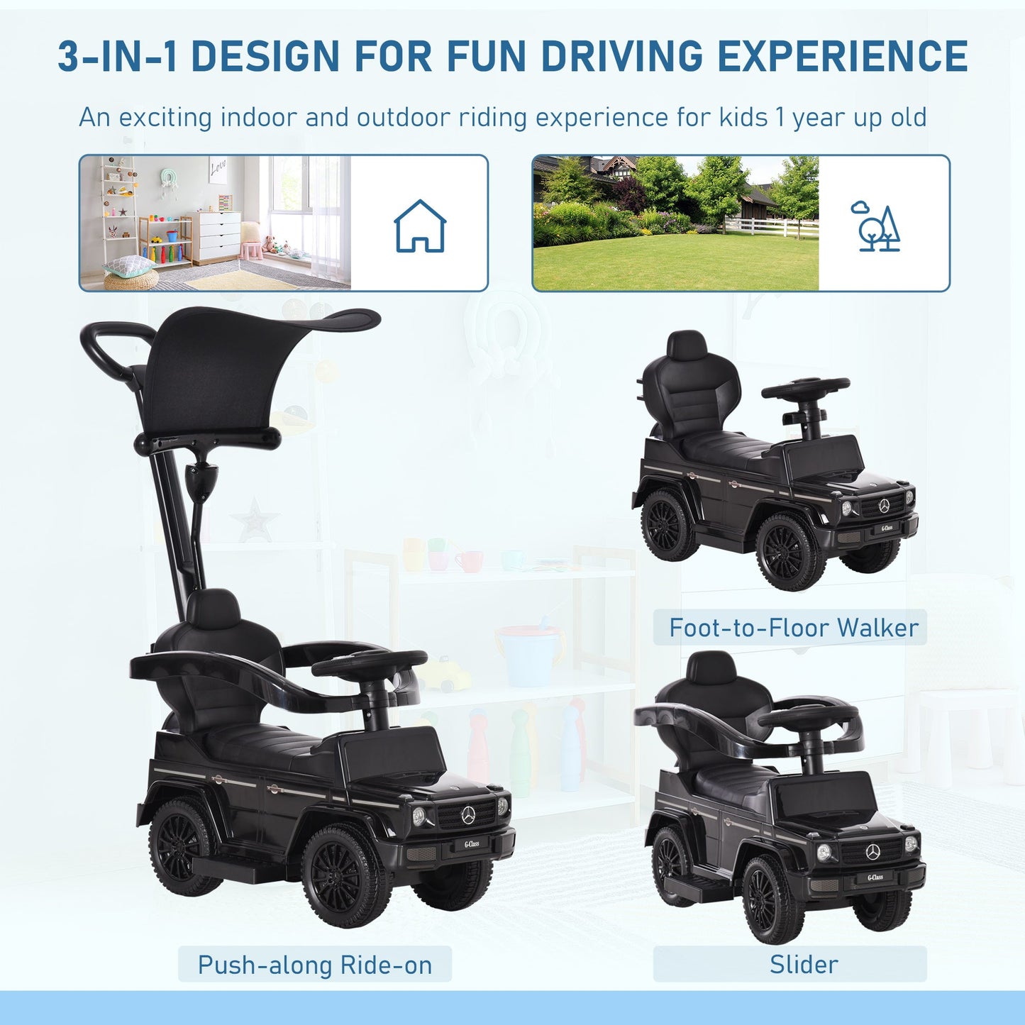 3-in-1 Licensed G350 Toddler Car Stroller, Walker, Slider with Horn, Black Push Cars for Toddlers   at Gallery Canada