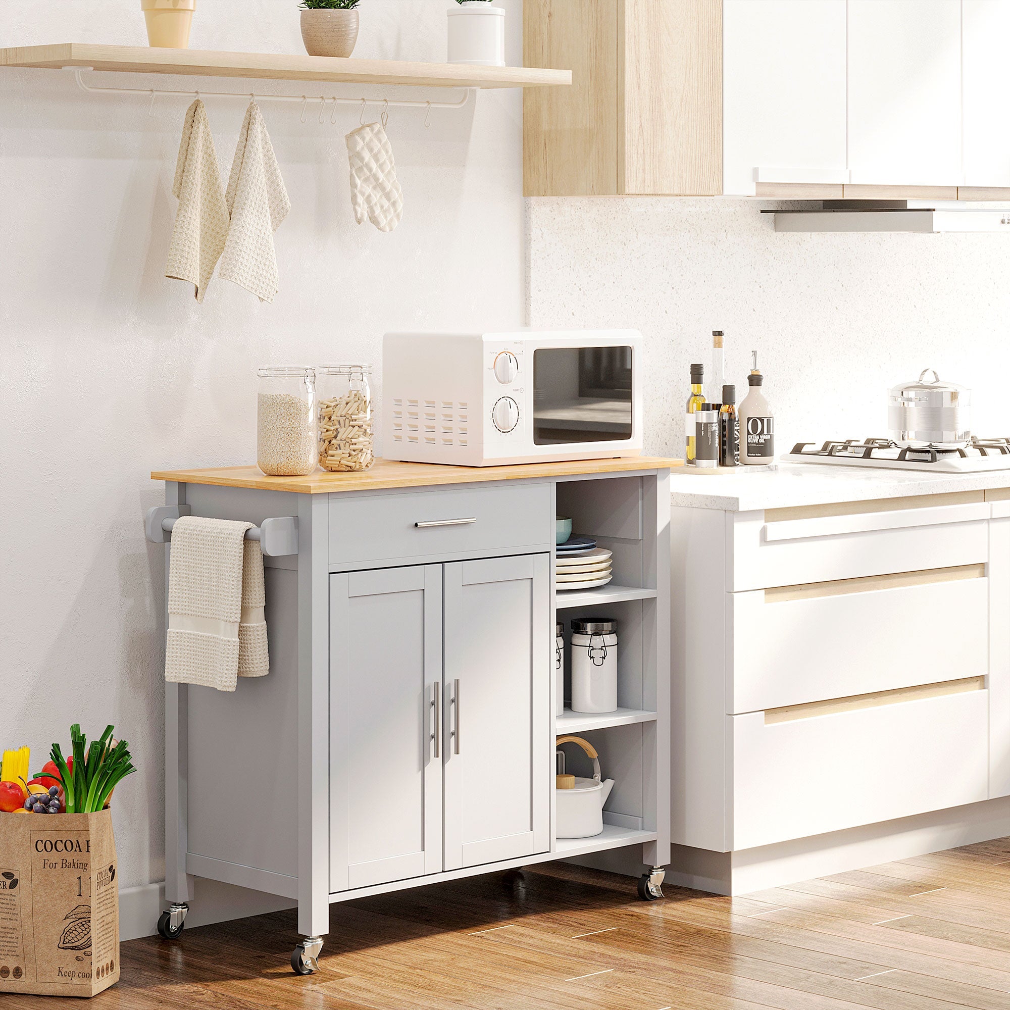 Wooden Rolling Kitchen Island on 360° Swivel Wheels Dining Cart with Drawer for Kitchen, Grey Kitchen Islands & Kitchen Carts   at Gallery Canada