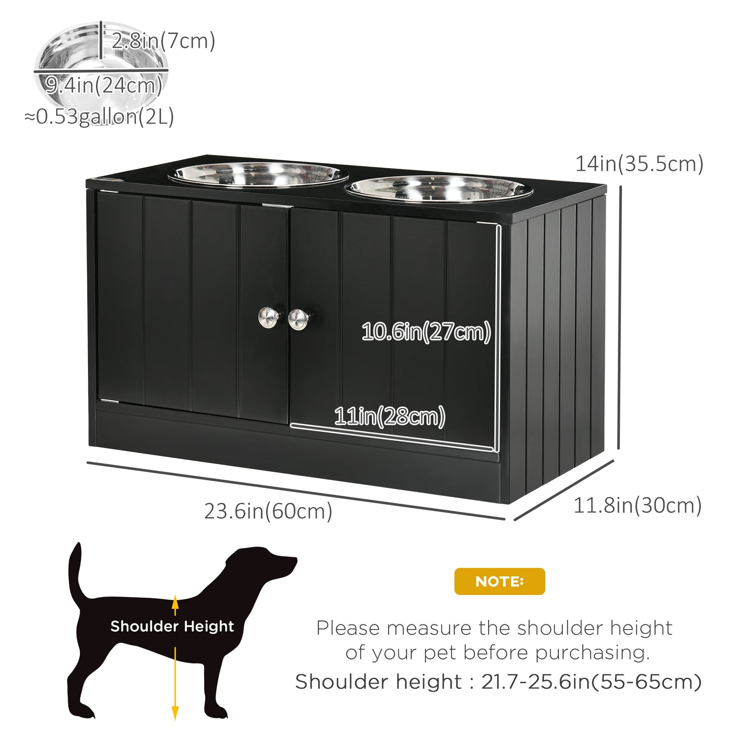 Elevated Dog Bowls for Large Dogs Pet Feeding Station with Stand, Storage, 2 Stainless Steel Food and Water Bowls, Black, 23.6" x 11.8" x 14" Dog Bowls at Gallery Canada