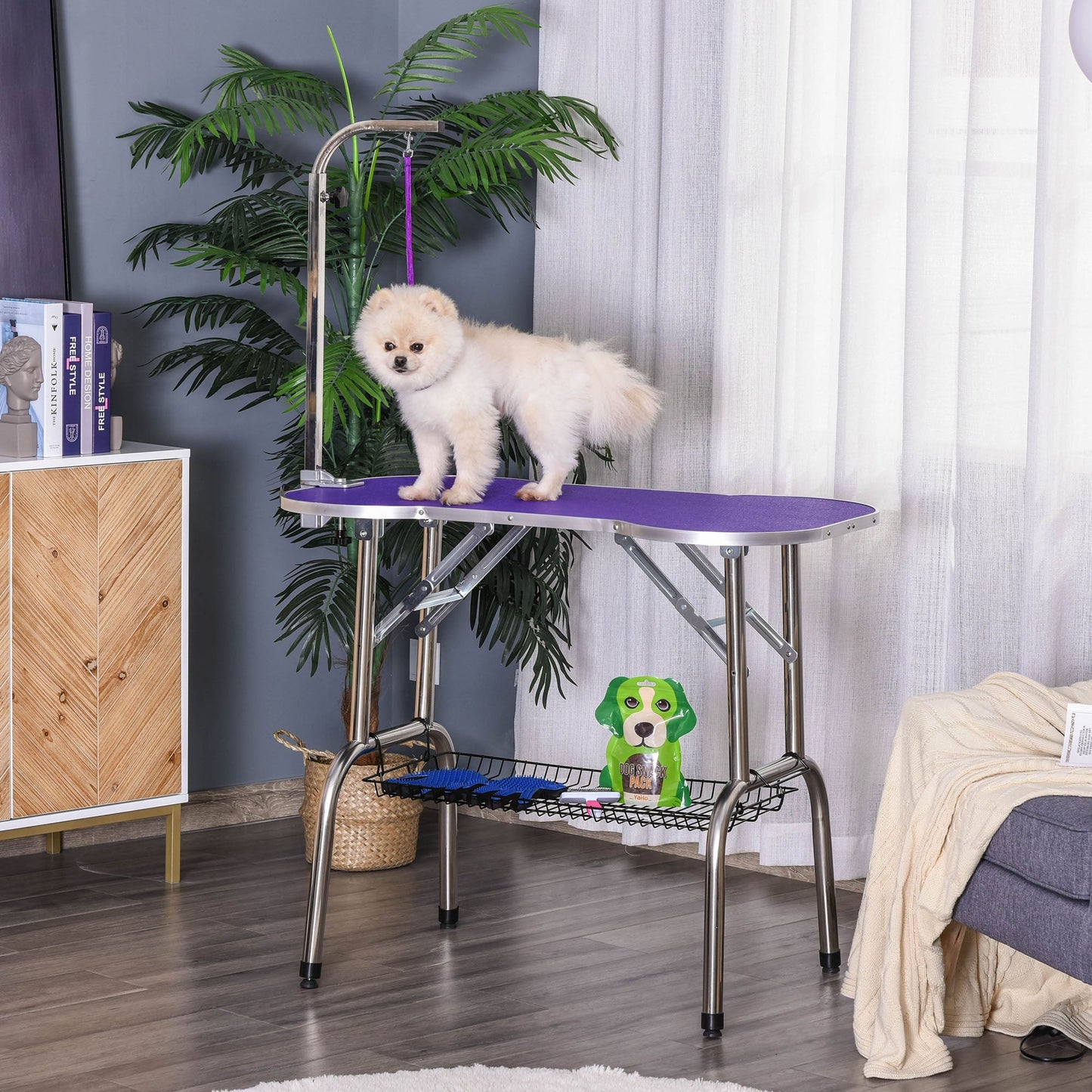 Foldable 37" Pet Grooming Table with Adjustable Arm and Non-Slip Top, Purple Dog Grooming Tables   at Gallery Canada