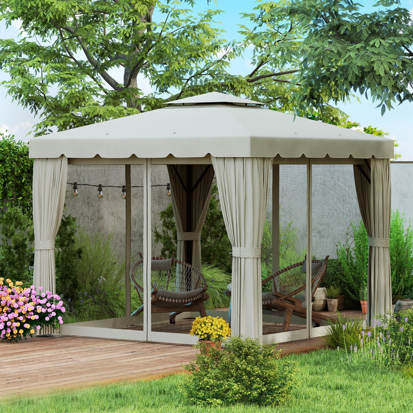 10' x 10' Outdoor Patio Gazebo Double Soft-top Garden Shelter Tent with Curtains, &; Mesh Screen Drapes, Cream White Gazebos at Gallery Canada