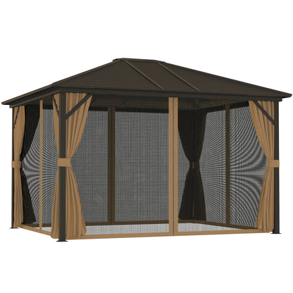 10' x 12' Deluxe Hardtop Gazebo with Metal Roof, Aluminum Frame Patio Gazebo Garden Sun Shelter Outdoor Pavilion with Curtains and Netting, Coffee Gazebos at Gallery Canada