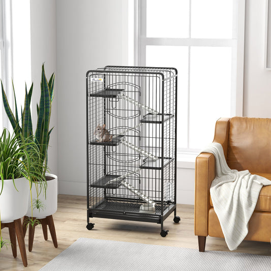 Rolling Small Animal Cage 51.6" Pet Rabbit Ferret Playpen, Animal Supply Kit Metal Black for Bunny, Pet Mink, Chinchilla - Gallery Canada