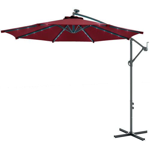 10ft Outdoor Cantilever Umbrella Banana Umbrella with Solar Lights and Adjustable Angle for Patio Backyard Wine Red