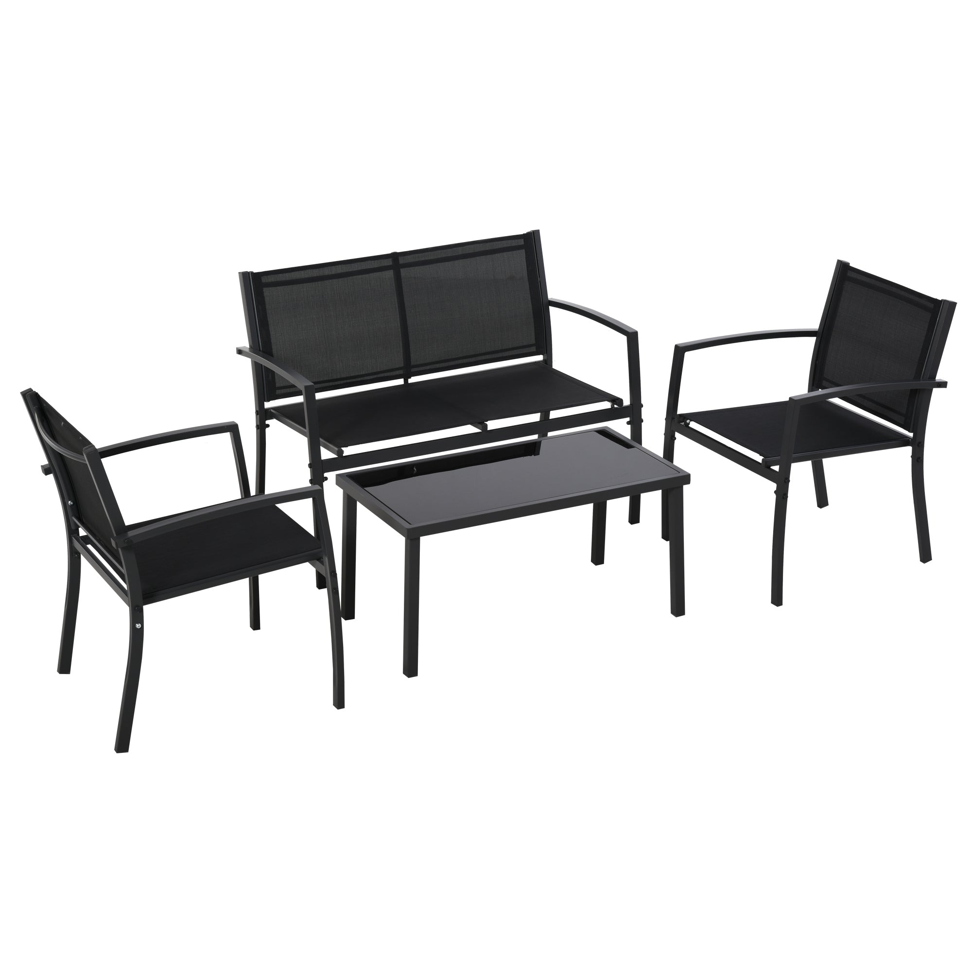 4-Piece Patio Furniture Set with Glass Top Coffee Table, Breathable Mesh Seat &; Backrest for Garden, Balcony, Black Patio Furniture Sets at Gallery Canada