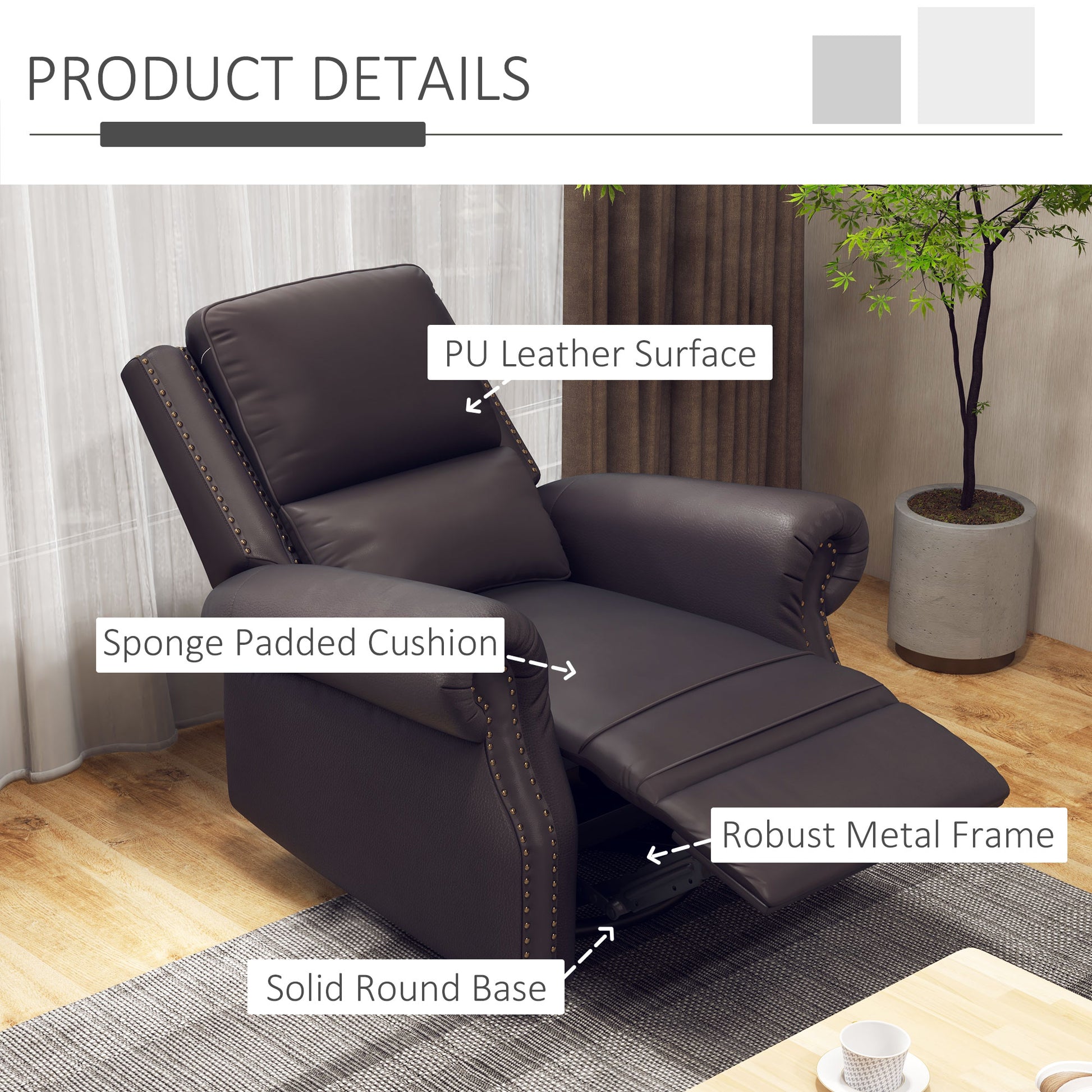 Swivel Recliner Chair, Reclining Sofa, PU Leather Rocker with Thick Padded Back and Seat for Living Room, Brown Single Sofas   at Gallery Canada