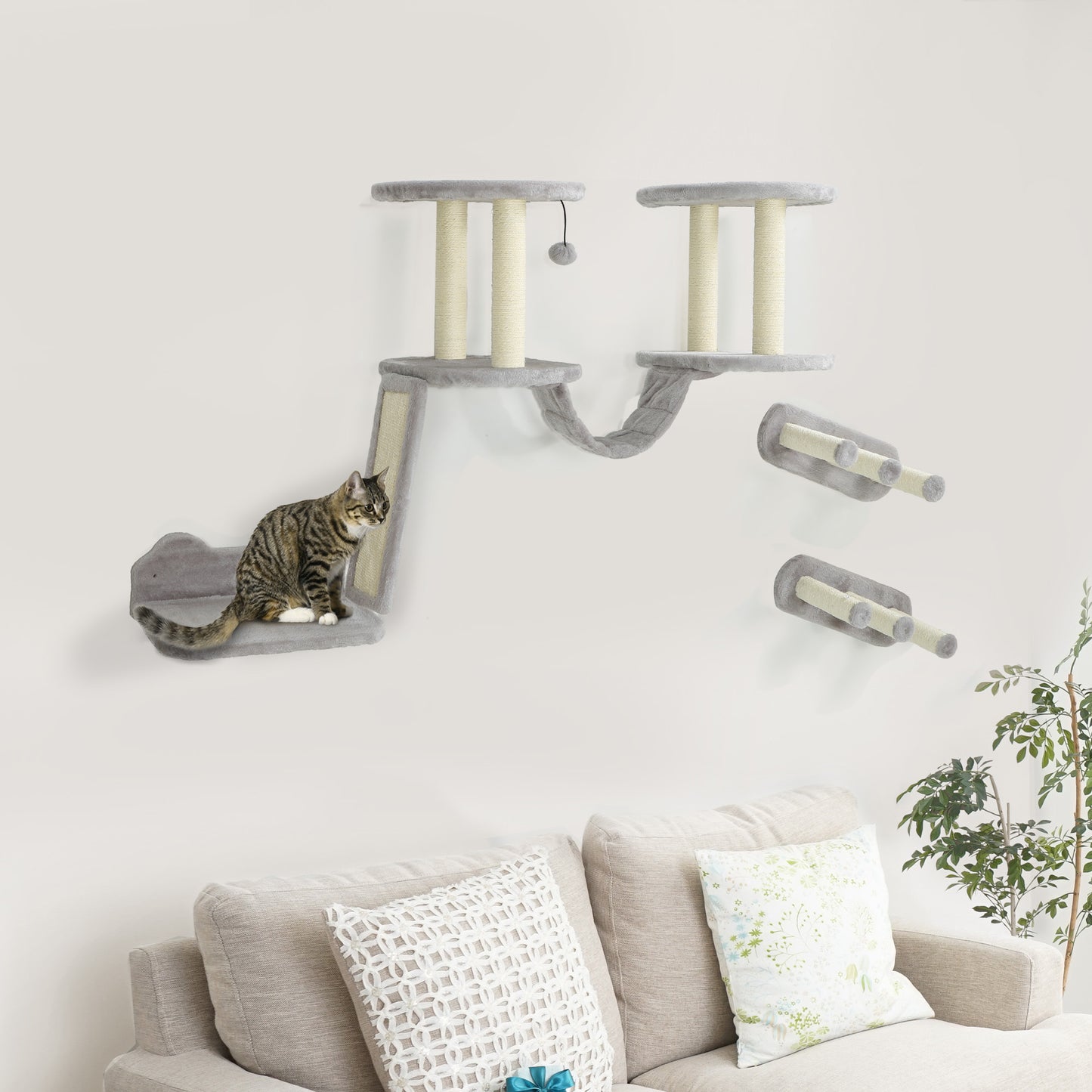 3PCs Cat Wall Shelves w/ Scratching Post, Perches, Steps, Ladder, Light Grey Cat Climbing Wall   at Gallery Canada