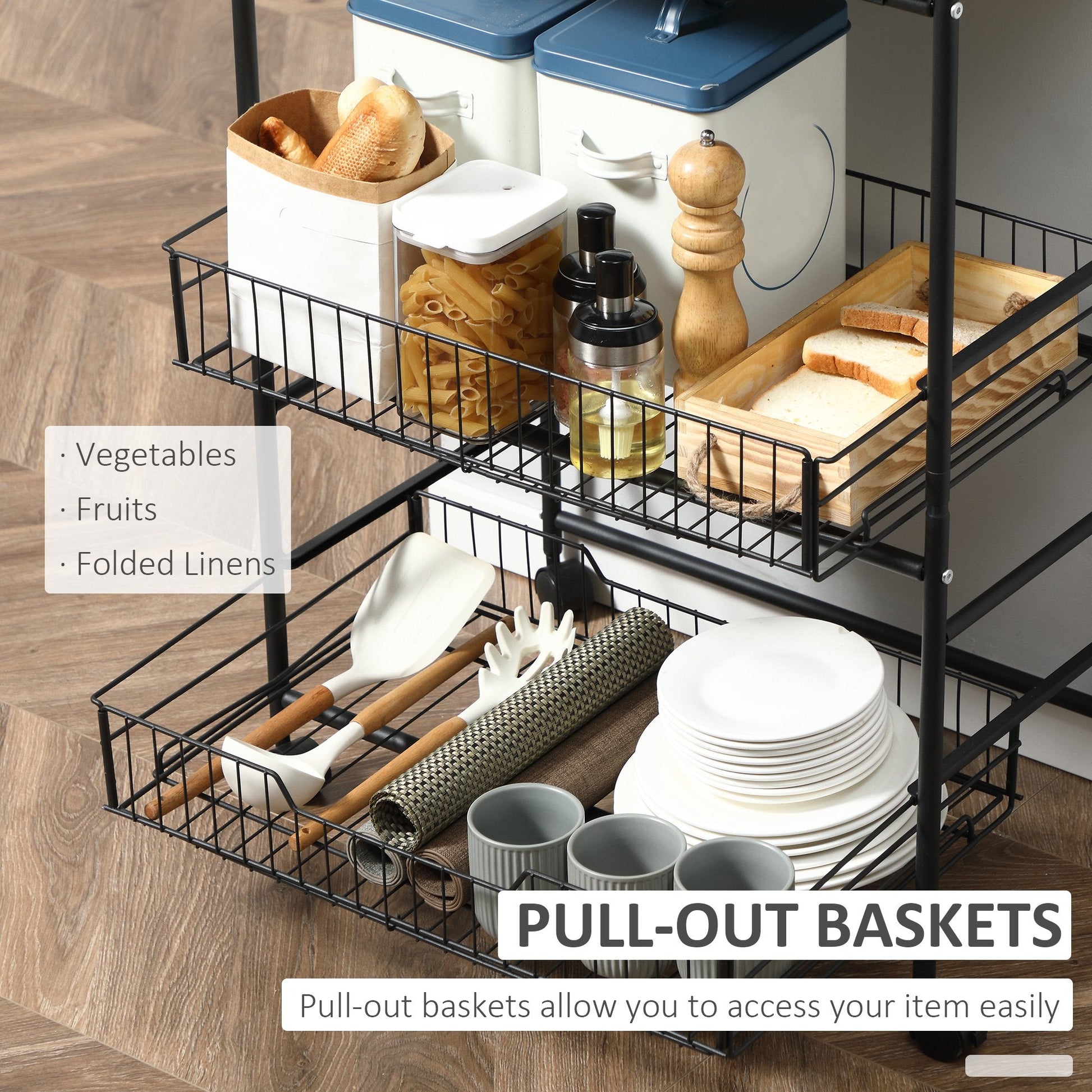 Rolling Kitchen Cart, 3-Tier Utility Storage Cart with 2 Basket Drawers &; Side Hooks, Lockable Casters for Dining Room Kitchen Islands & Kitchen Carts   at Gallery Canada